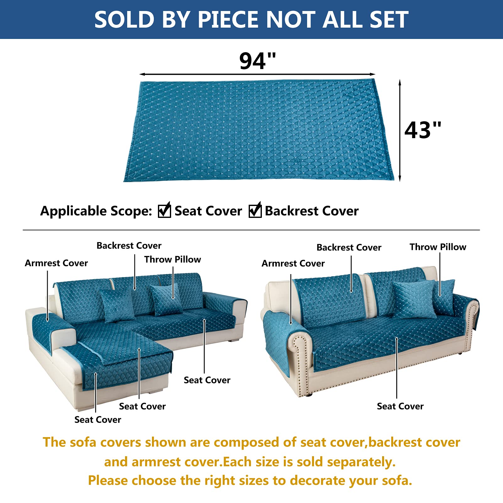 Premium Eismodra Sofa Cover for 3-Cushion Sectional - Non-Slip Couch Protector for Pets & Kids - Blue Stretchable Furniture Slipcover 43
