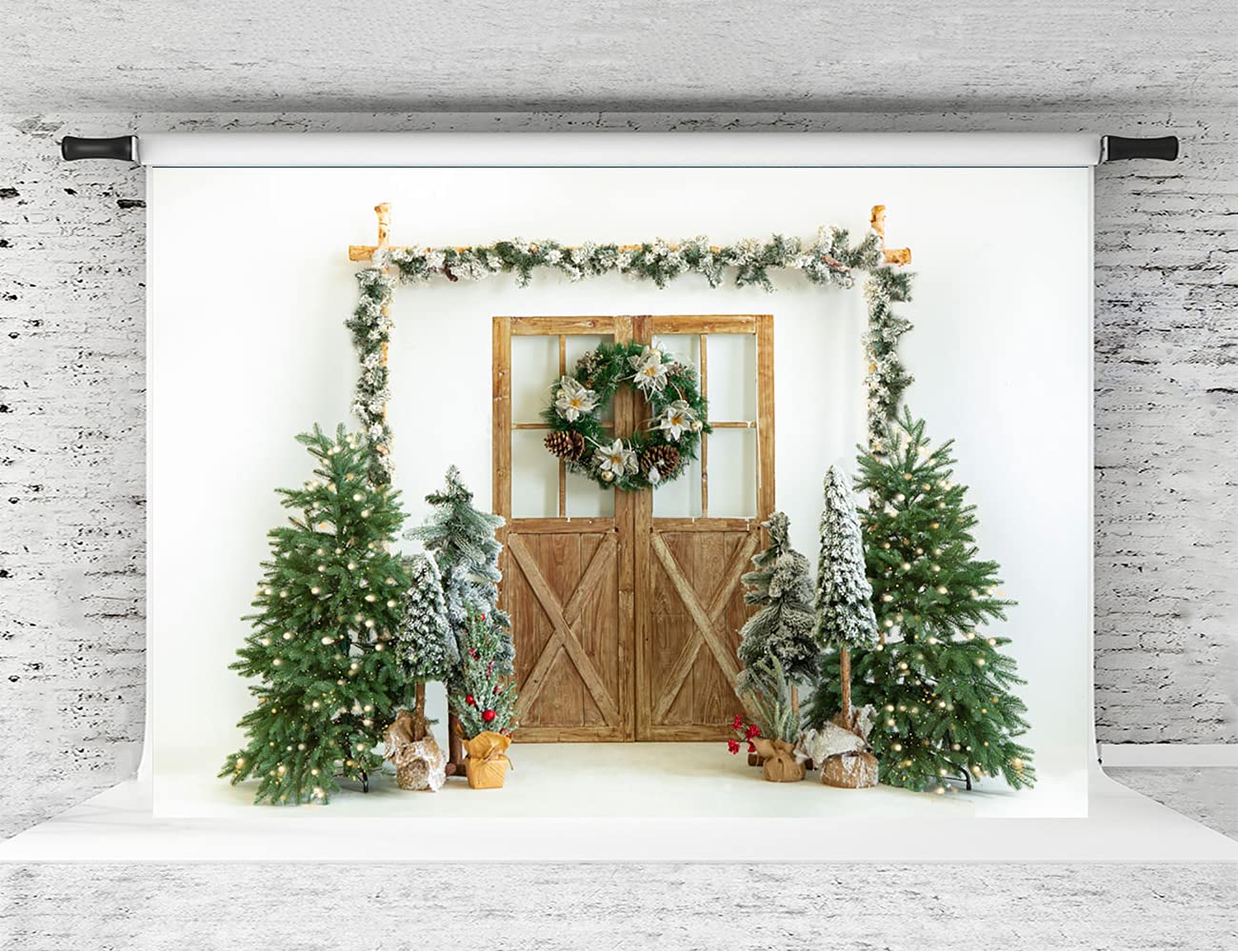 Kate Christmas Photo Backdrop - Xmas Tree & Barn Door Merry Christmas Background for Photography & Holiday Decor (10x8ft) - Perfect for Family Photos, Christmas Cards, and Party Decorations
