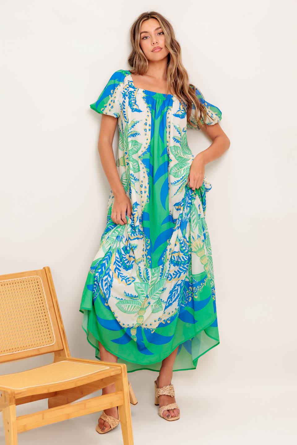 MADDISON MAXI DRESS for Women - Flowy Green & Blue Floral Summer Dress - Perfect for Beach Vacation, Wedding Guest, and Casual Outings