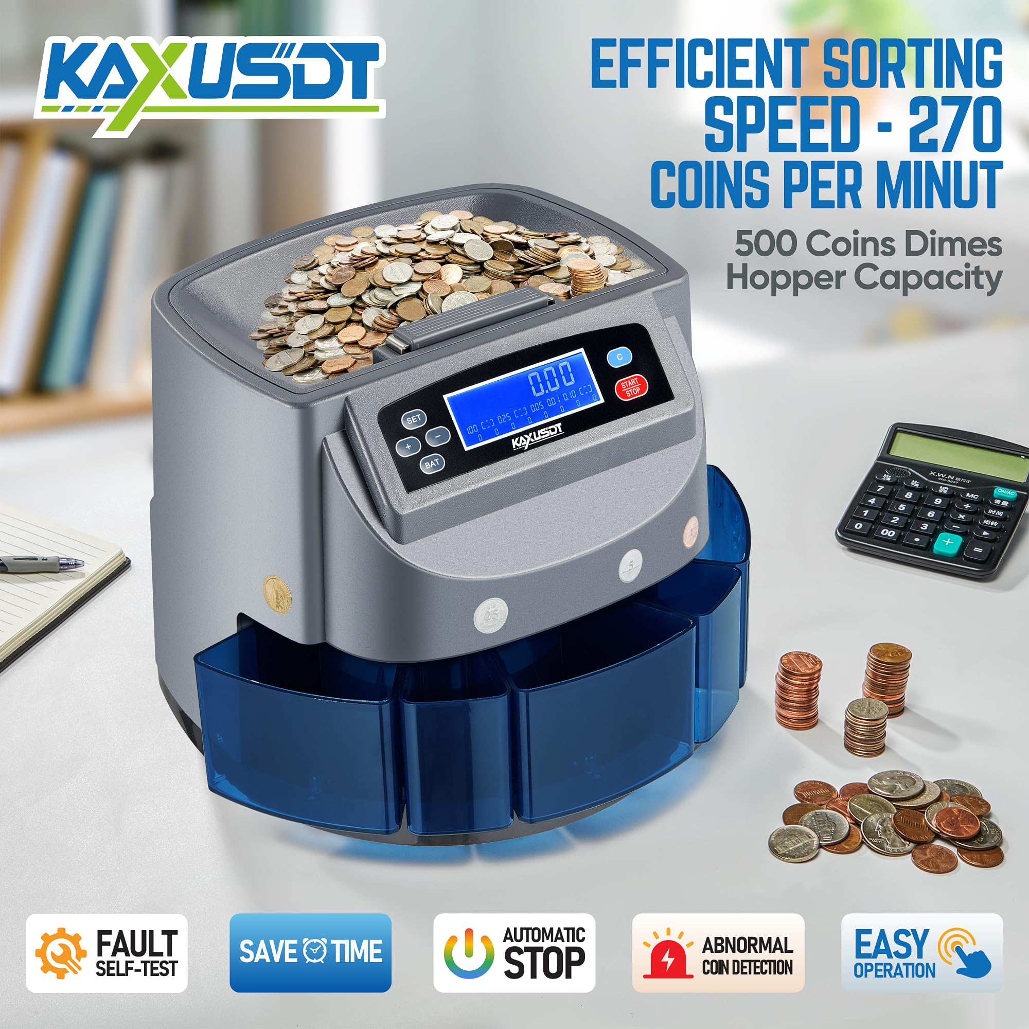 Electric Coin Counter & Sorter Machine for US Coins - LCD Display, 270 Coins/Min Sorting Speed, 500 Coins Capacity | Automatic Coin Wrapping for Pennies, Nickels, Dimes, Quarters & Half Dollars | Perfect for Banks, Retail Stores & Small Businesses