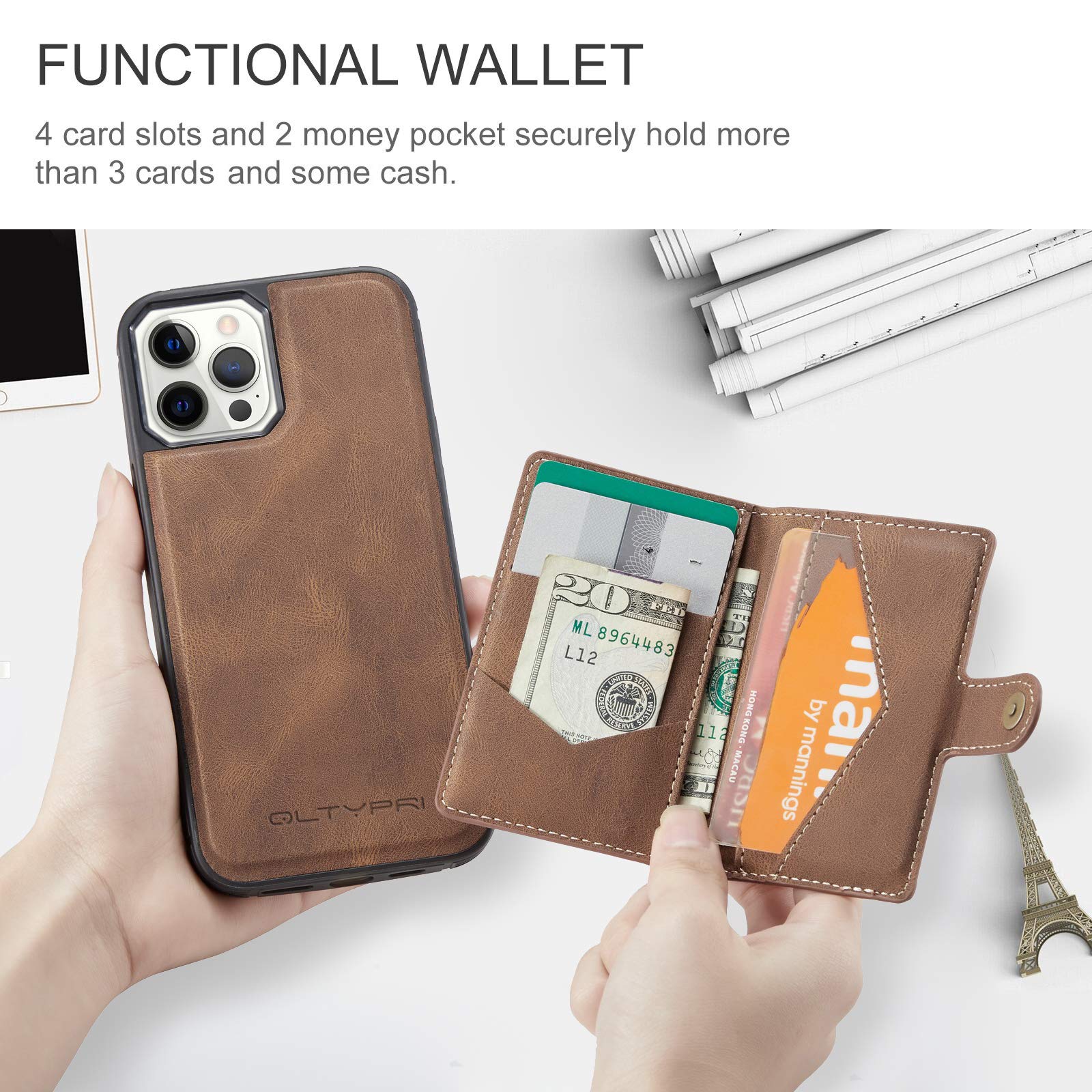 Premium PU Leather Wallet Case for iPhone 12 Pro Max with Magnetic Detachable Card Slot, Kickstand & Shockproof Protection - Brown | Perfect for Credit Card Storage, Hands-Free Viewing & Car Mount Use