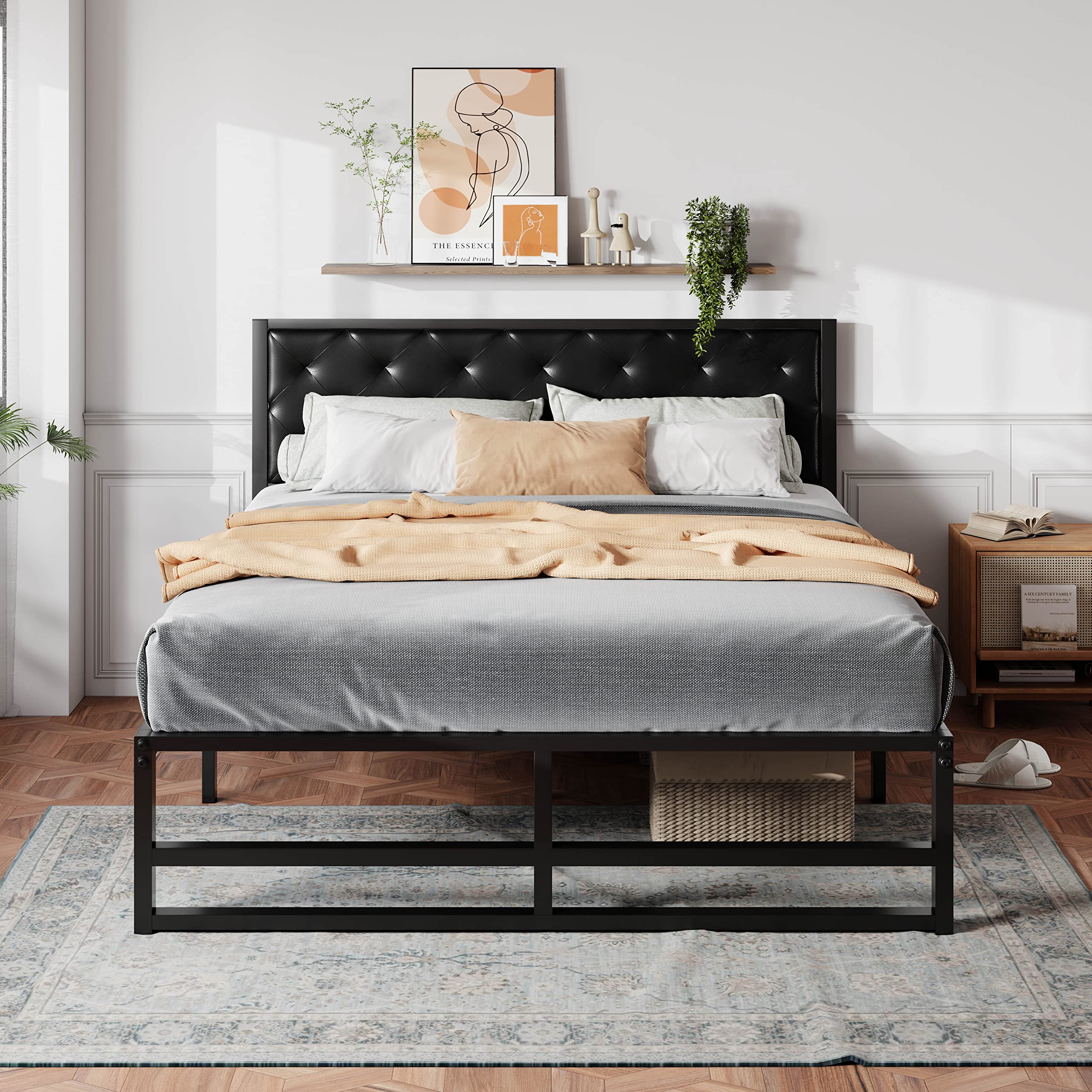 14'' Metal Platform Queen Bed Frame with Steel Slats - No Box Spring Needed, Easy Assembly & Underbed Storage | Sturdy Mattress Foundation for Bedroom, Guest Room, Dorm