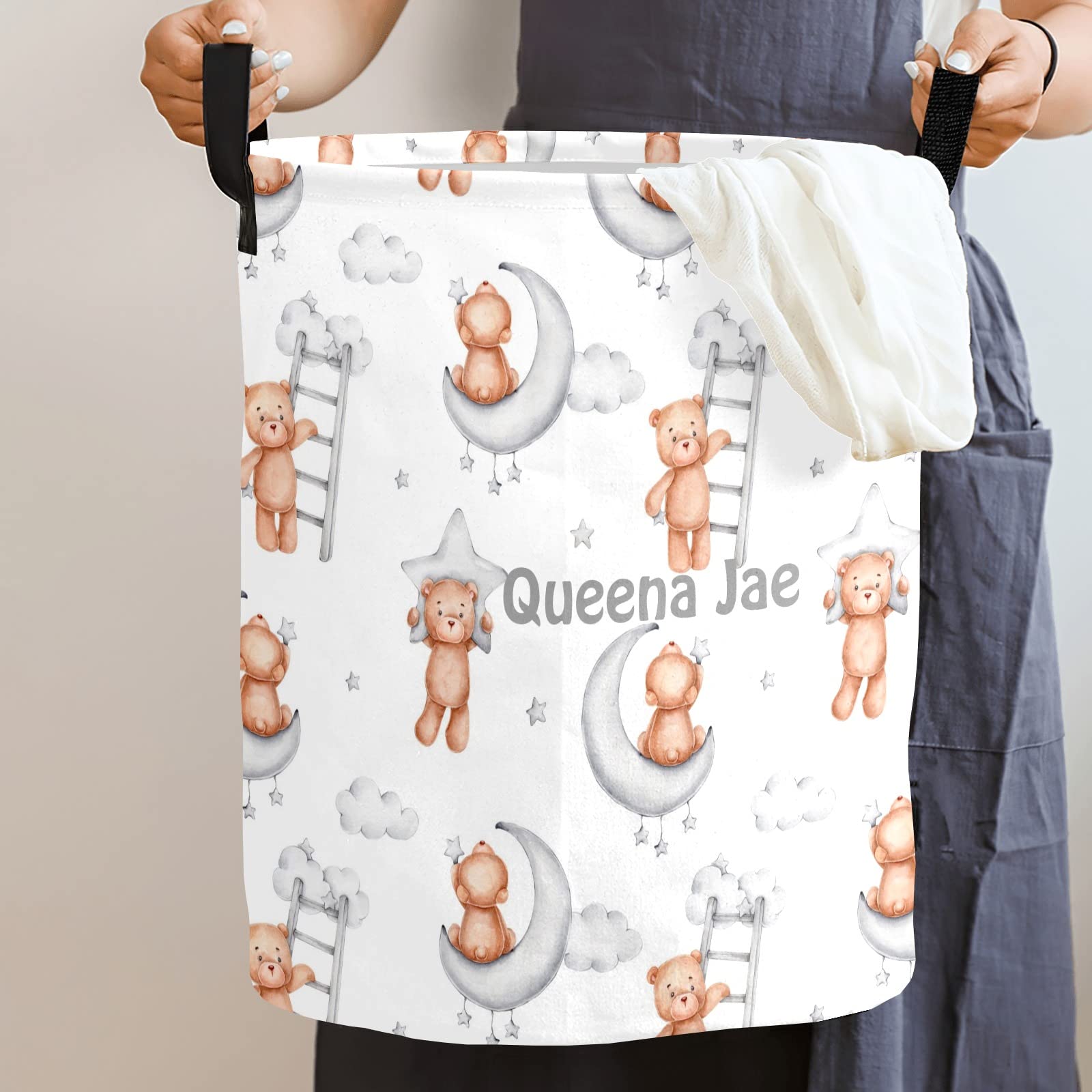 Teddy Bear Moon & Stars Storage Bin - Waterproof Oxford Fabric Laundry Hamper, Toy Organizer & Nursery Clothes Basket - Perfect for Baby Room, Bedroom Storage & Gift Baskets