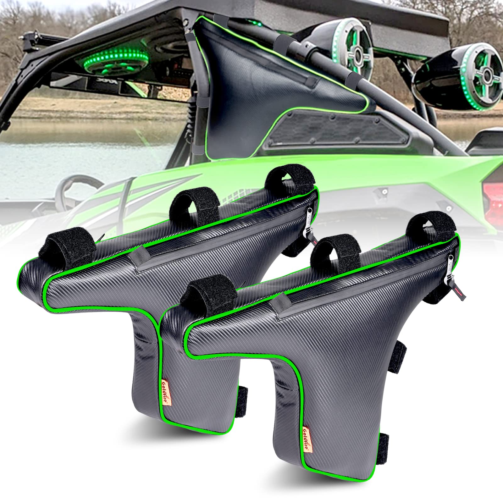 KRX 1000 Storage Bag 2 Pack - Durable Triangle Truss Tool Pouch for UTV Side Cage & Roll Bar | Compatible with Kawasaki Teryx KRX 1000 (2020-2023 Models) | Easy Installation Gear Bag with Green Piping | Perfect for Off-Road Adventures, Hunting & Farm Equipment Storage