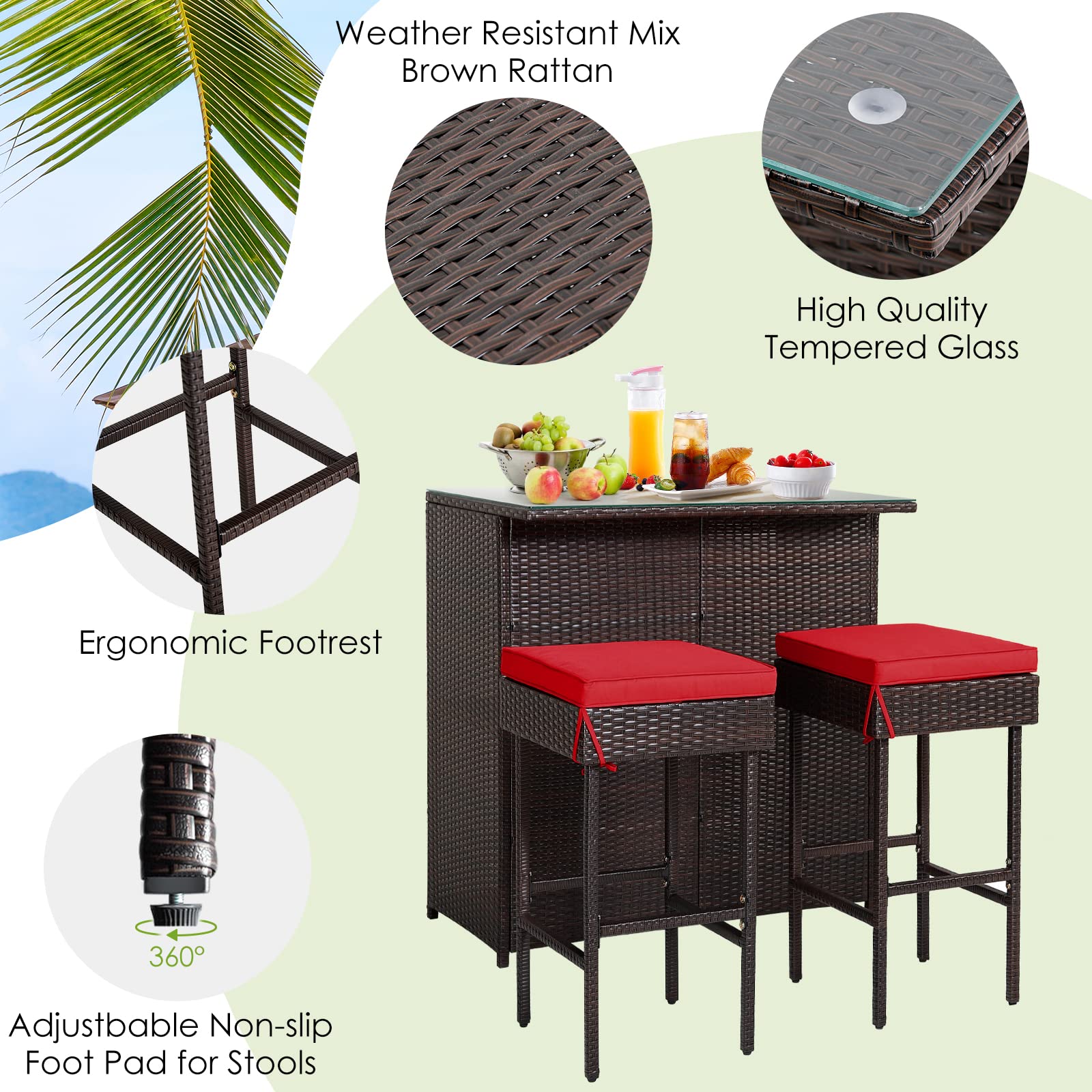 RELAX4FLIE 3-Piece Outdoor Bar Set - Patio Wicker Bar Height Table with 2 Cushioned Stools, 2 Open Shelves & Tempered Glass Table Top - Rattan Bar Table Set for Poolside, Garden, Backyard & Outdoor Entertaining (Red)