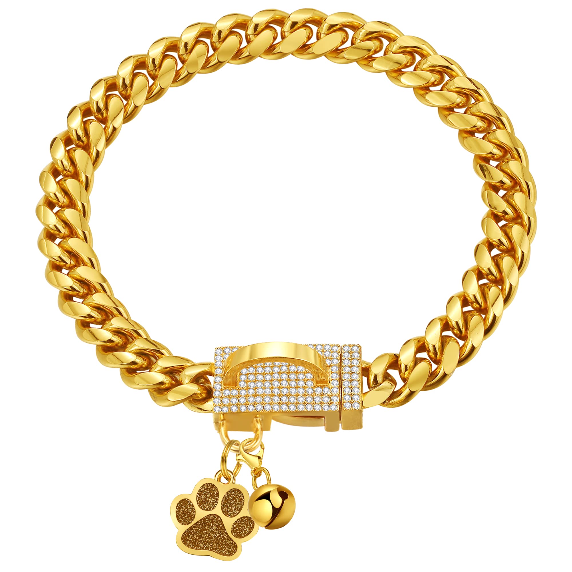 Gold 10mm Stainless Steel Cuban Link Dog Collar with CZ Diamond Buckle - Bling Luxury Pet Accessory for Small Medium Large Dogs - Includes Dog Tag & Bell (14