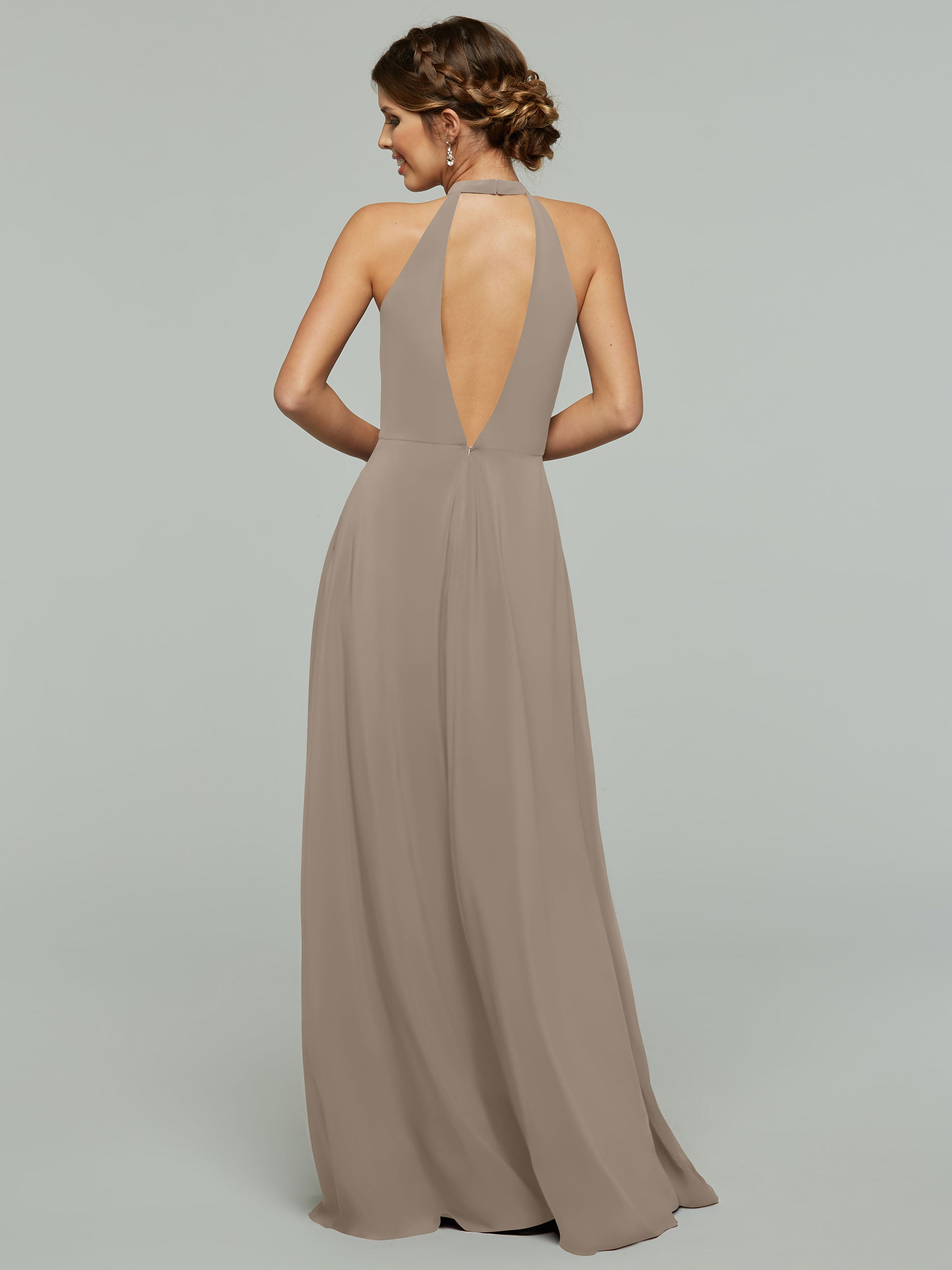 Elegant 80115 Stretch Chiffon A-Line Bridesmaid Dress with Plunging Halter Neckline - Perfect for Weddings, Formal Events & Special Occasions