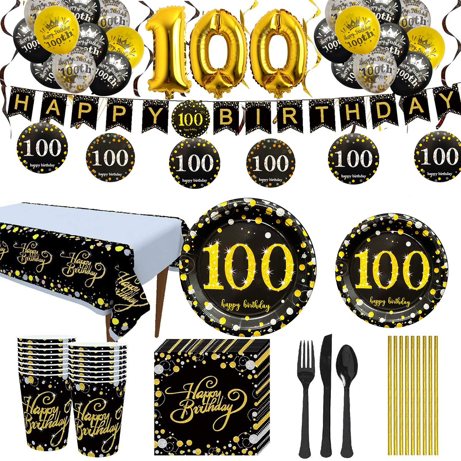 Trgowaul 100th Birthday Party Supplies Set - 24-Piece Black & Gold Disposable Plates, Napkins, Cups, Cutlery & Table Cover with Decor Balloons & Banner - Elegant Centennial Celebration Decorations for Adults & Seniors