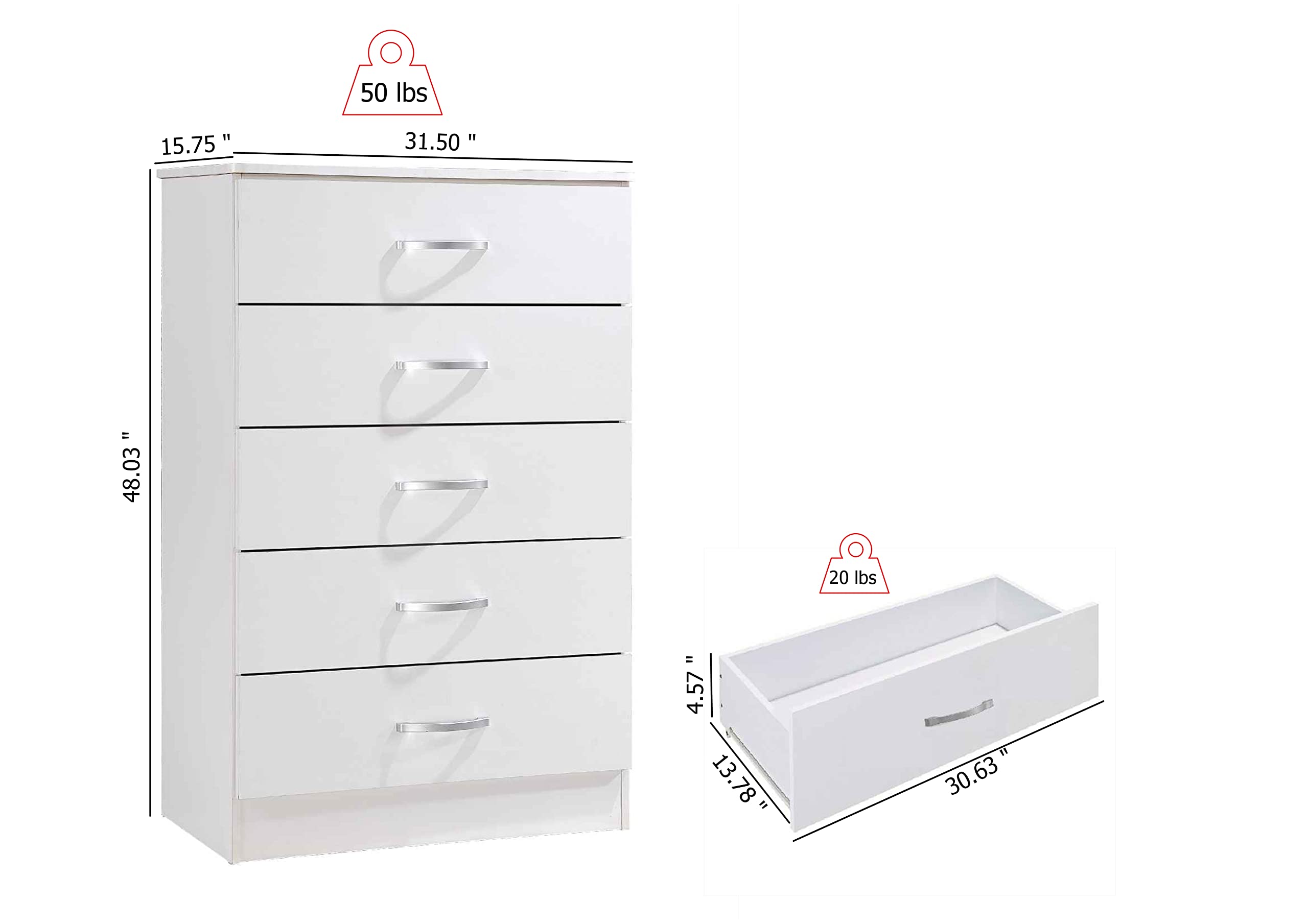 HODEDAH 5-Drawer Wooden Dresser for Bedroom - Sturdy Chest of Drawers with Metal Support Rails - White Storage Furniture for Clothes, Bedding & Home Organization