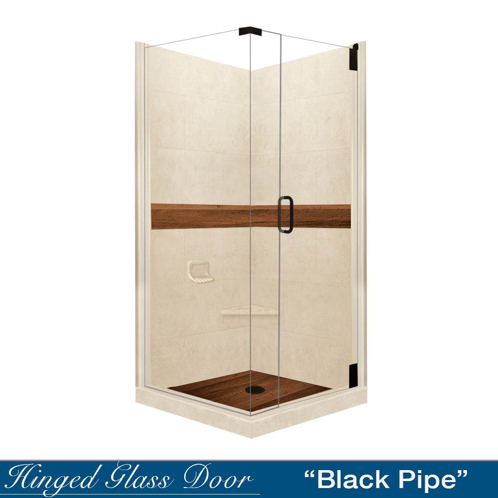 DIY Shower Remodel Kit - Corner Desert Sand Sistine Stone & Burnt Oak Wood Accent Panel for Bathroom Renovation | Waterproof & Easy Installation | Perfect for Modern Home Spa Upgrades