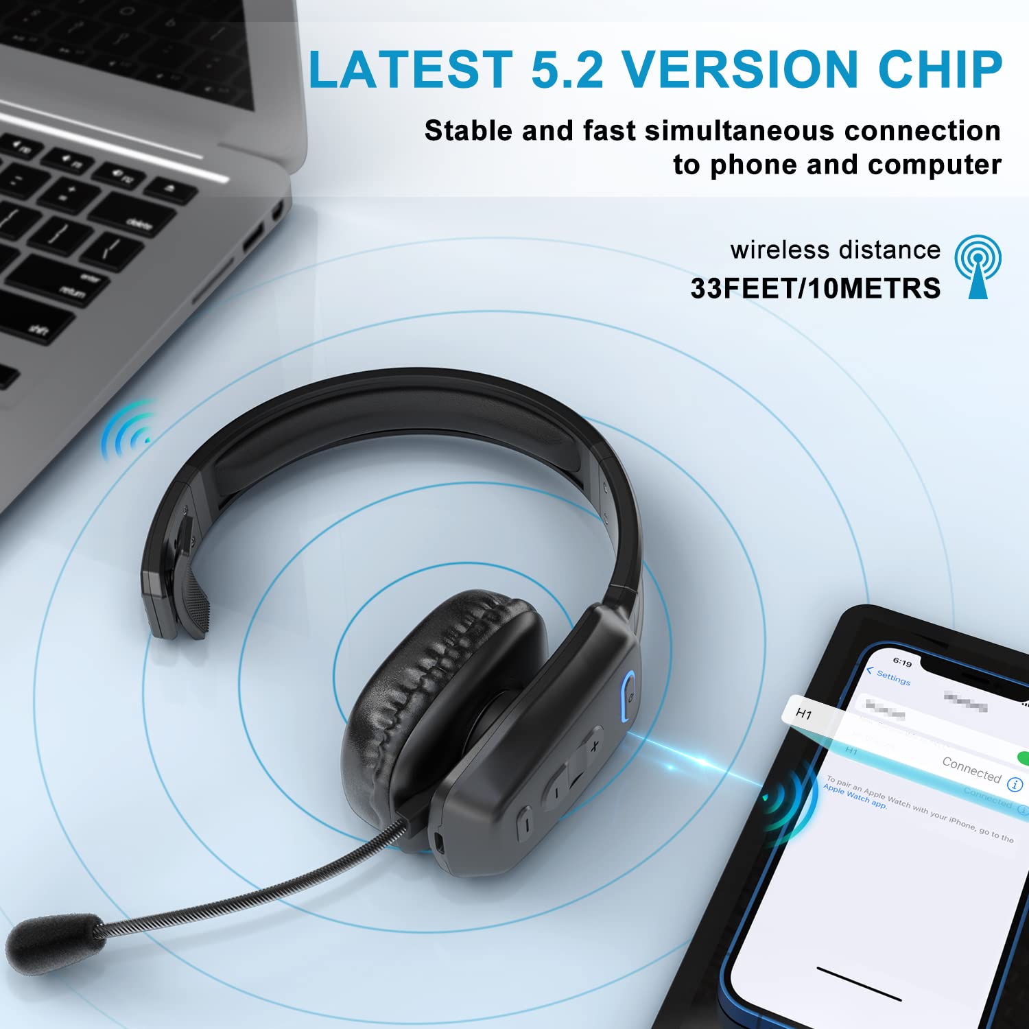 Wireless Bluetooth Headset with Noise Canceling Microphone & Mute Button - 60Hrs Battery Life Trucker Headphones for Phone Calls, Office Work, Driving & Online Meetings