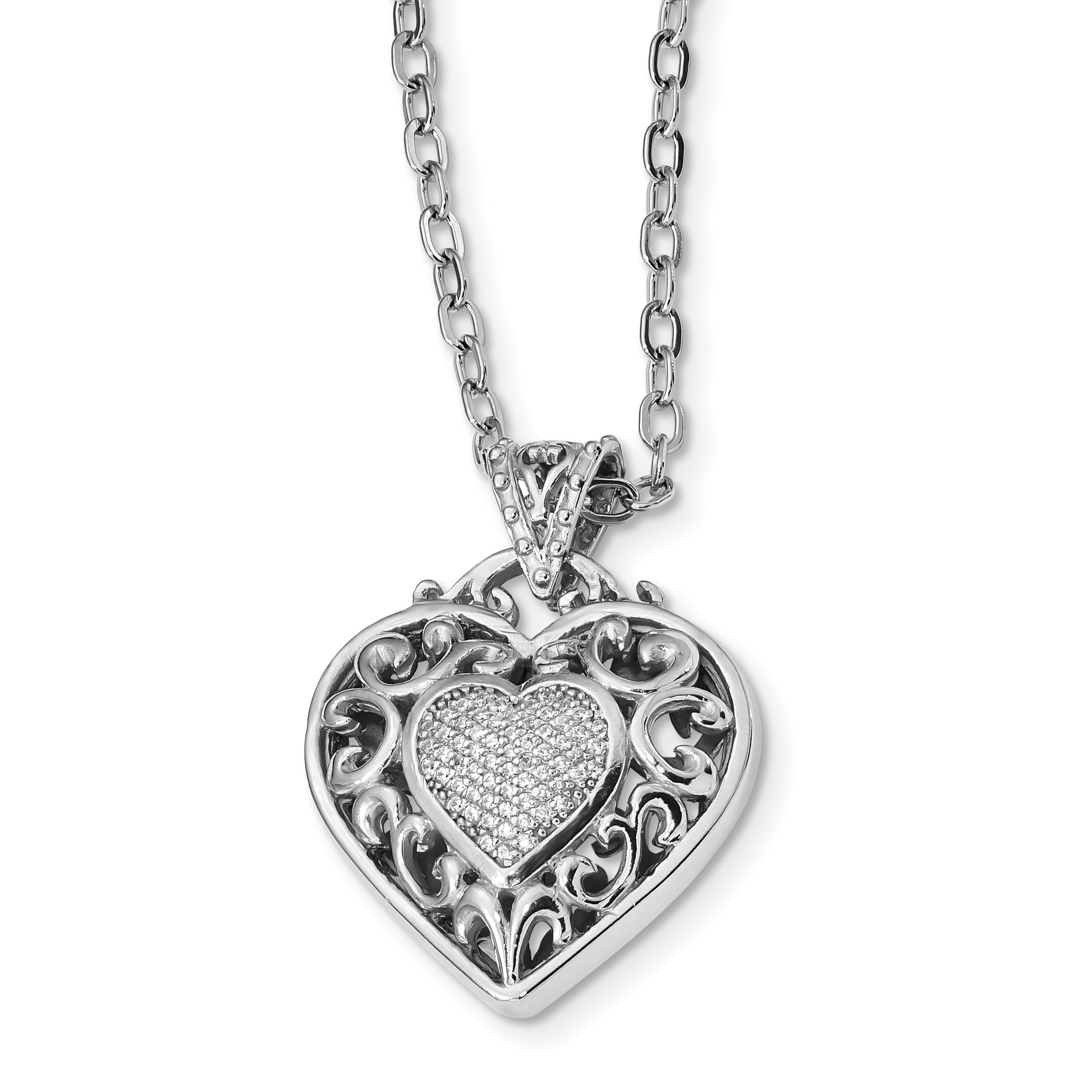 Sterling Silver Cubic Zirconia Heart Pendant Necklace 30x27mm 17