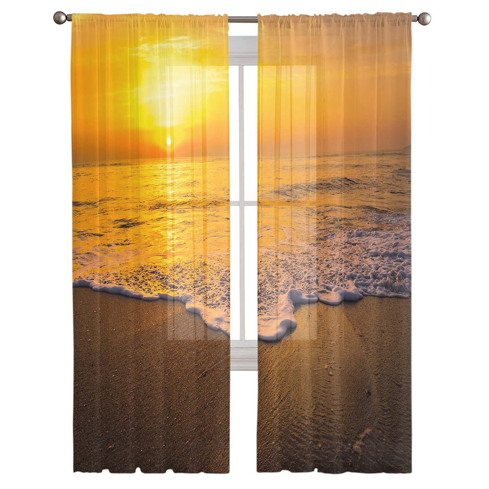 Seaside Beach Sunset Sheer Curtain Panels - Semi-Sheer Window Drapes for Privacy & Style, 2-Panel Set with Ocean Wave Design - Perfect for Kitchen, Living Room & Bedroom Decor - Creates Coastal Ambiance for Relaxation & Natural Light Filtering