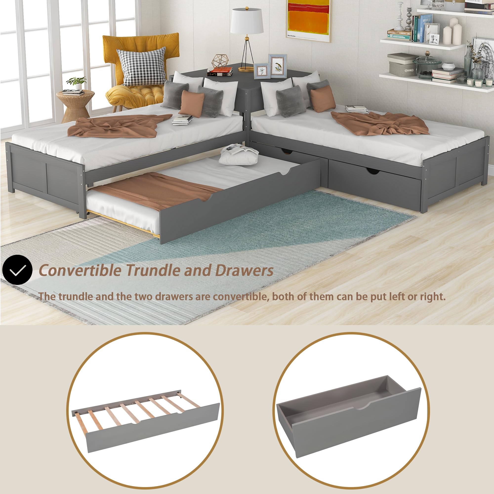 Twin L-Shaped Storage Daybed with Trundle & Drawers - Convertible Sofa Bed for Living Room, Bedroom, Guest Room (Grey)
