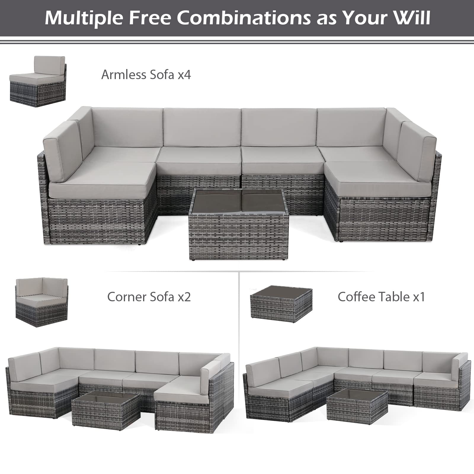 AECOJOY 7-Piece Outdoor Patio Furniture Set with Coffee Table - Waterproof PE Rattan Sectional Sofa & Grey Cushions - Perfect for Garden, Backyard, Poolside & Outdoor Entertaining
