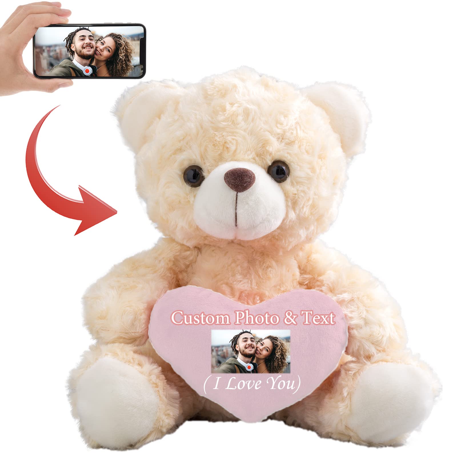 Custom Photo Teddy Bear with Engraved Heart - Personalized Stuffed Animal Gift for Valentine's Day, Birthday, Anniversary - Great for Couples, Kids & Special Occasions (8 inch, Pink Heart) - Perfect for Romantic Surprises, Nursery Decor & Memory Keepsakes