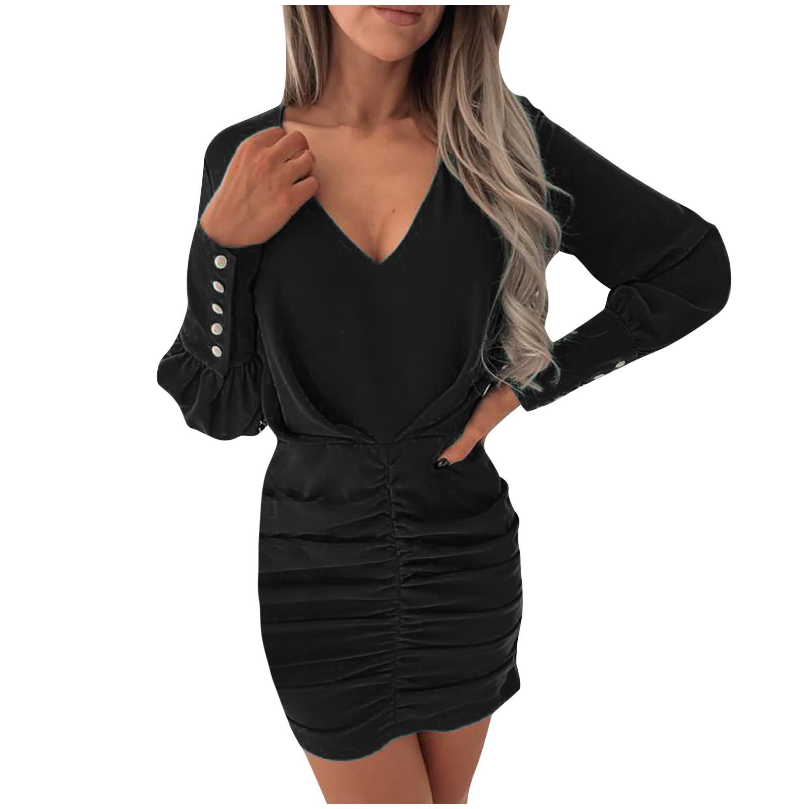 Women's V-Neck Bodycon Dress Long Sleeve Solid Color Mini Party Evening Ruched Tunic Ball Gown - Perfect for Cocktail Parties, Date Nights & Formal Events