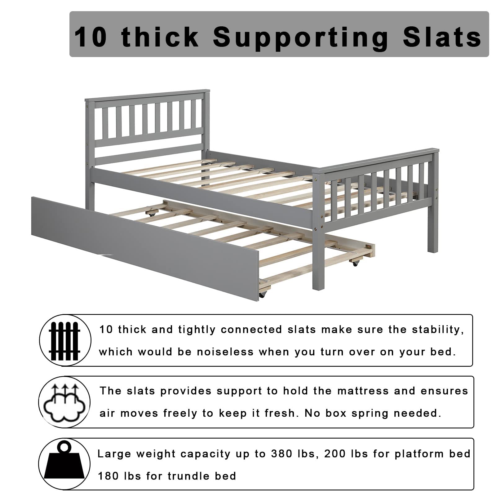**KINFFICT Twin Platform Bed Frame with Trundle - Solid Pine Wood Daybed with Headboard & Footboard - Sturdy 10-Slat Support, No Box Spring Needed - Perfect for Kids' Room, Guest Bed, or Small Spaces (Gray)**