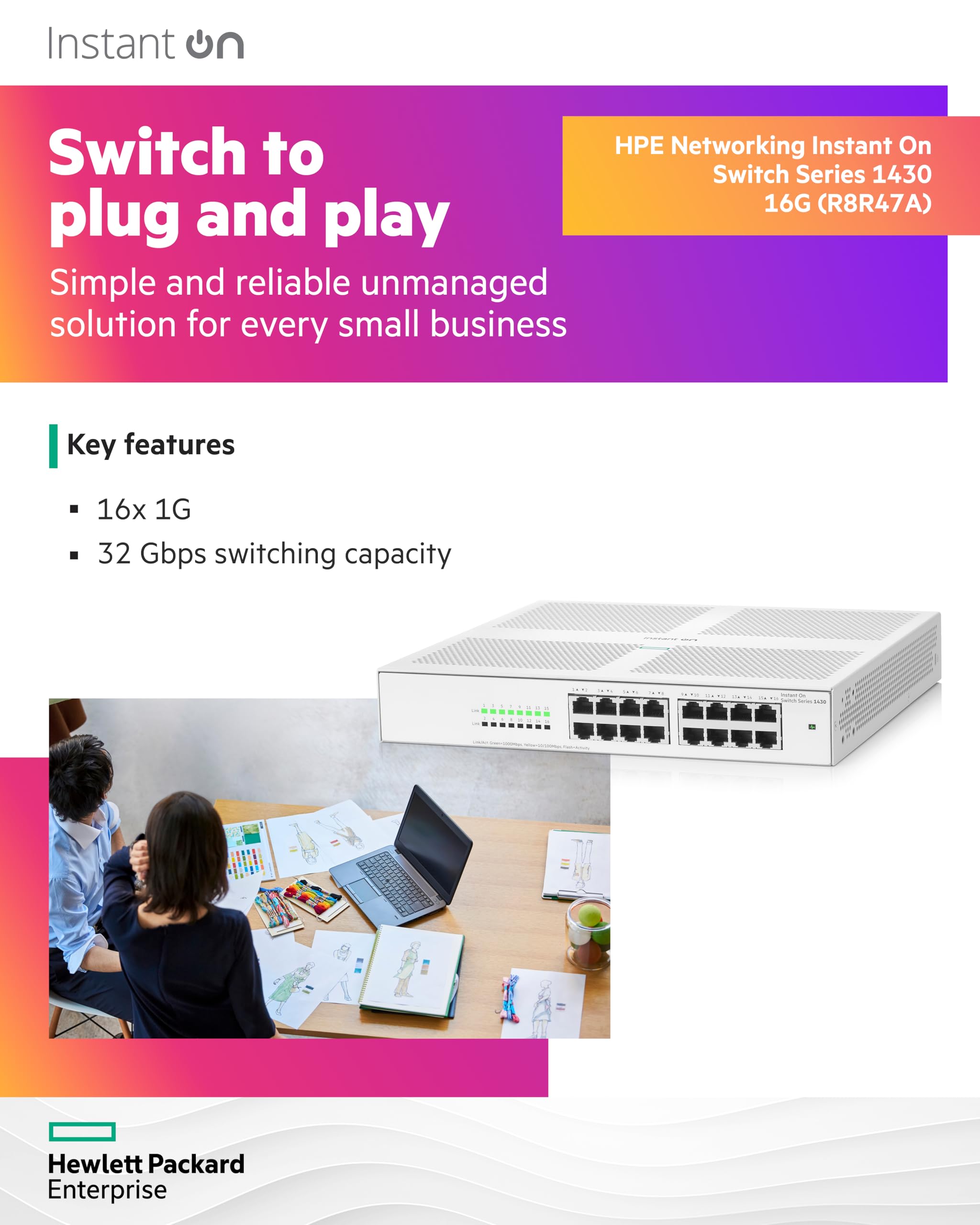 HPE Networking Instant On 1430 16-Port Gigabit Unmanaged Layer 2 Ethernet Switch | 16x 1G Ports | Fanless Design | Plug & Play | US Power Cord (R8R47A#ABA) | Ideal for Small Business & Home Office Networks