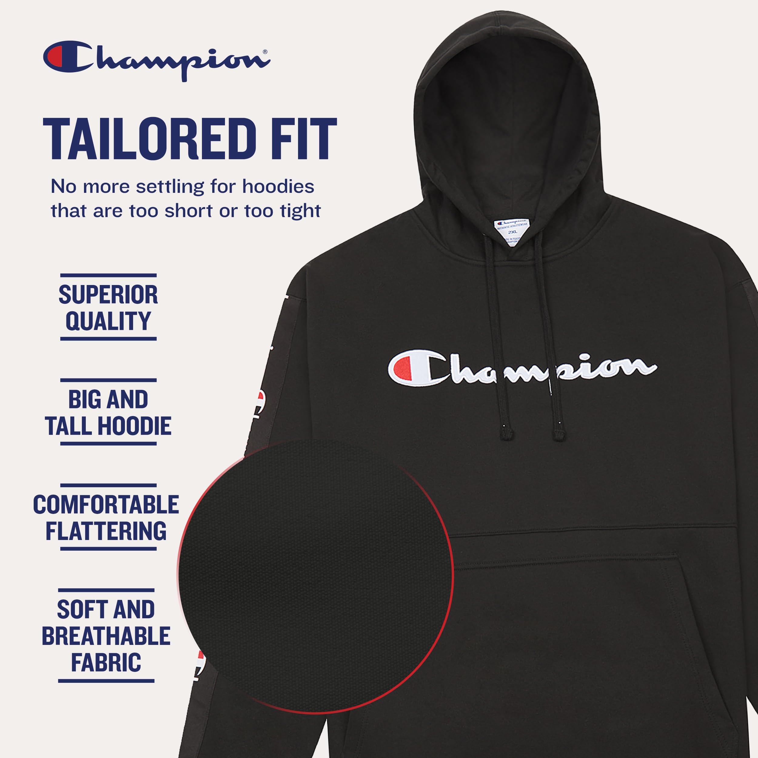 Champion Hoodies for Men – Big and Tall Fleece Pullover with Graphic Print | Warm & Comfortable Winter Hooded Sweatshirt for Casual Wear, Gym, and Outdoor Activities