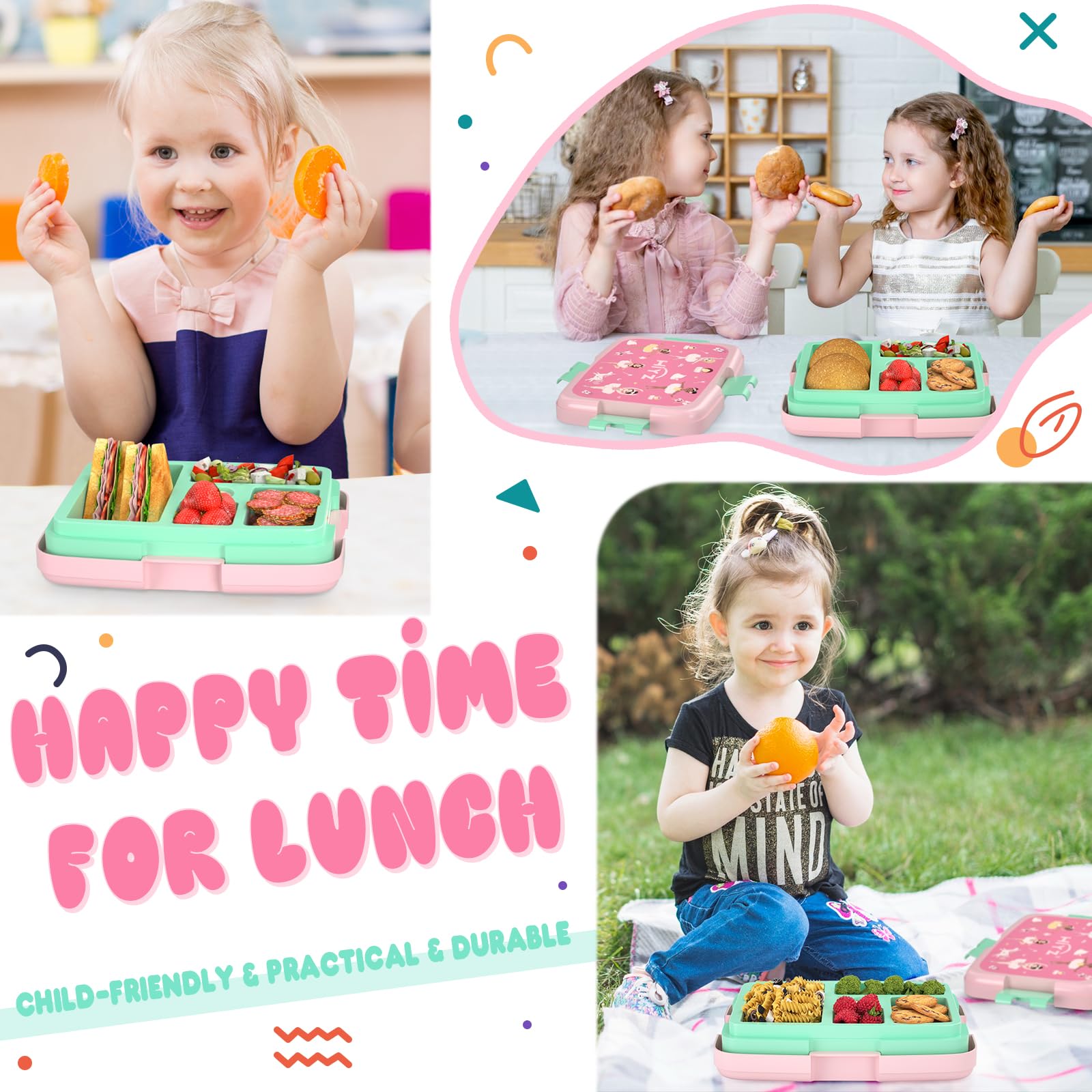 HiYZ 5-Compartment Bento Lunch Box for Kids - Leakproof, Durable & Dishwasher Safe - Perfect Portion Sizes for Toddlers Aged 3-7 - Ballet Design for Daycare, School & Picnics