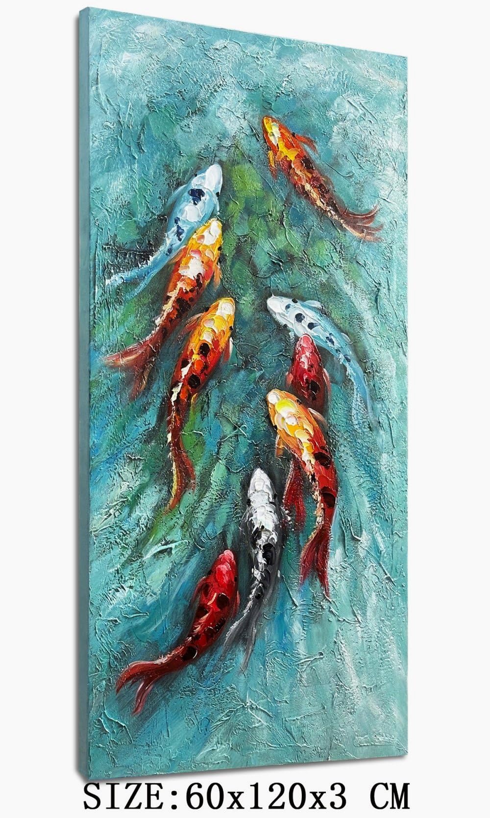Zoinart Hand-Painted 3D Nine Fishes Oil Painting on Canvas - 24x48 Inch Vertical Modern Abstract Wall Art - Ready to Hang Home Decor for Living Room, Bedroom & Office