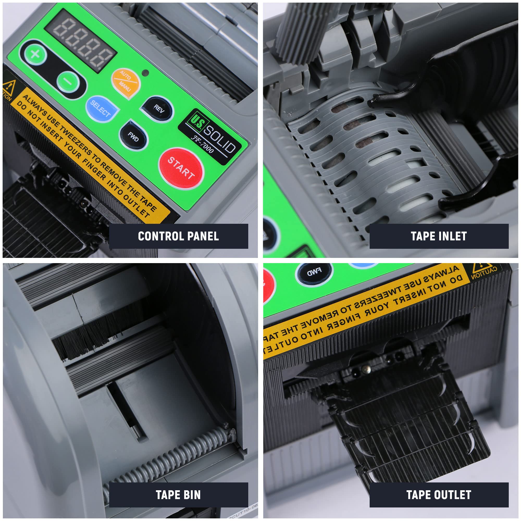 U.S. Solid Automatic Tape Dispenser JF-7000 - Electric Ribbon Cutting Machine for 6-60mm Width & 5-999mm Length Adhesive Tape - Upgraded Silicone Feed Wheel - Perfect for Packaging, Shipping & Office Use