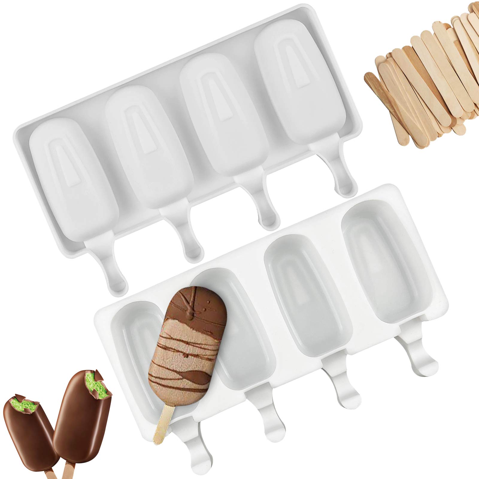 2 Pack Reusable Food Grade Silicone Popsicle Molds - Large 3D Ice Cream, Candy, Cakesicle & Chocolate Molds for Baking DIY Frozen Treats with 100 Wooden Sticks | Perfect for Summer Desserts, Kids Snacks & Party Favors