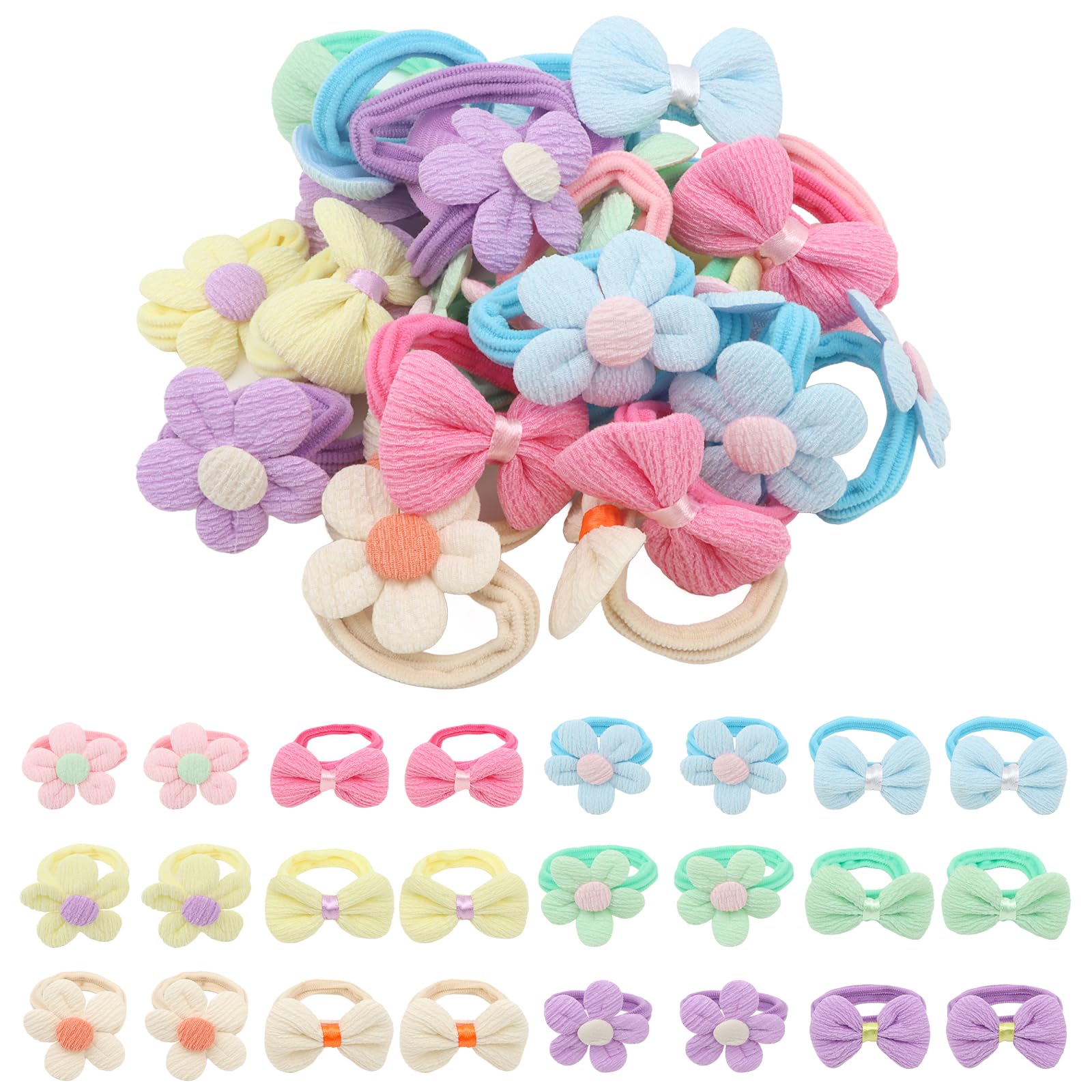 36 Pcs Toddler Hair Ties for Girls - Cute Flower Hair Bows, Colorful Elastics & Scrunchies for Thick Hair | Soft Baby Hair Accessories for Everyday Wear, School & Special Occasions