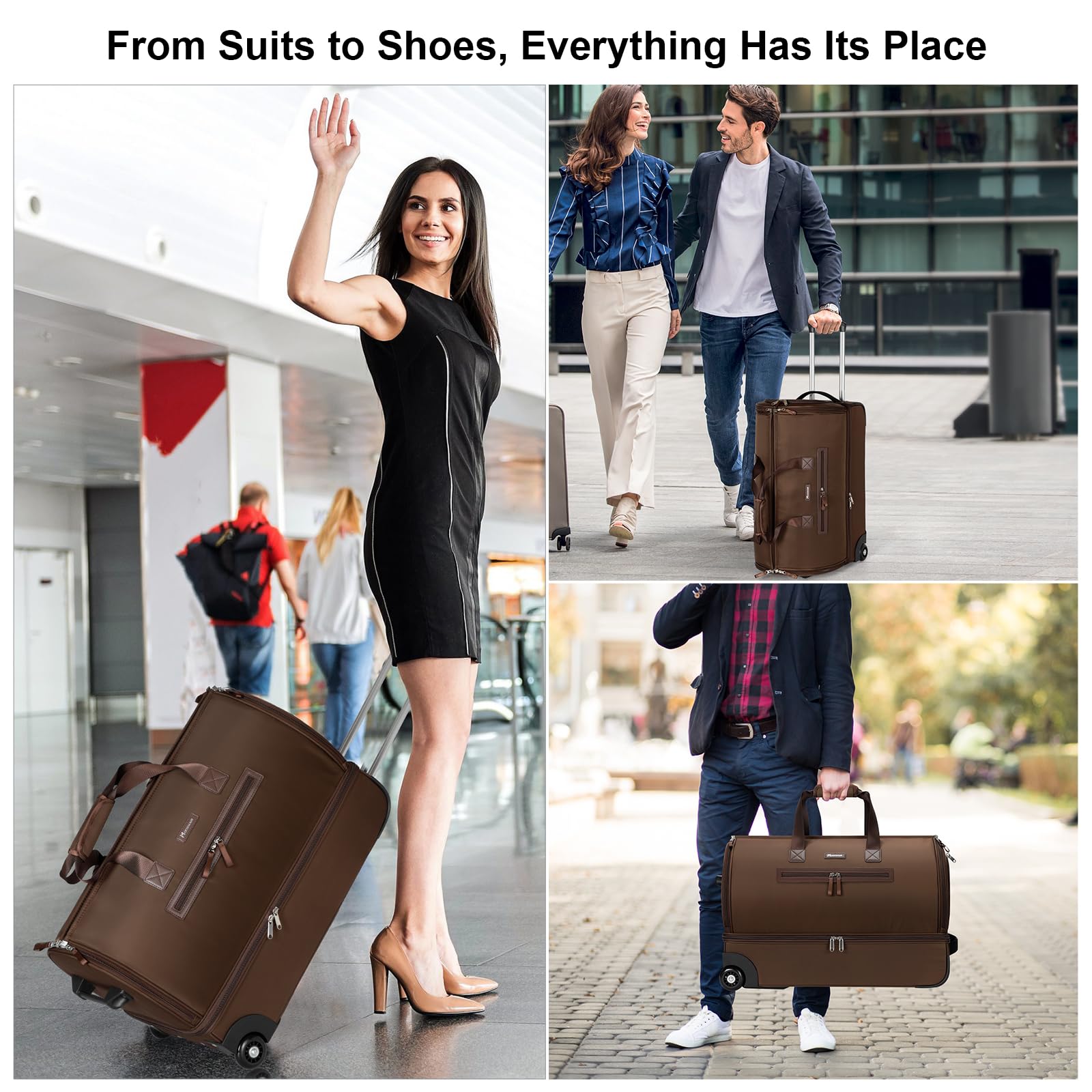 Modoker Convertible Rolling Garment Bag for Travel - Expandable Suitcase with Wheels, Trolley Handle & Shoe Compartment | Business Trip Luggage, Weekender Duffel Bag for Men & Women (Brown) - Perfect for Air Travel, Business Meetings & Weekend Getaways