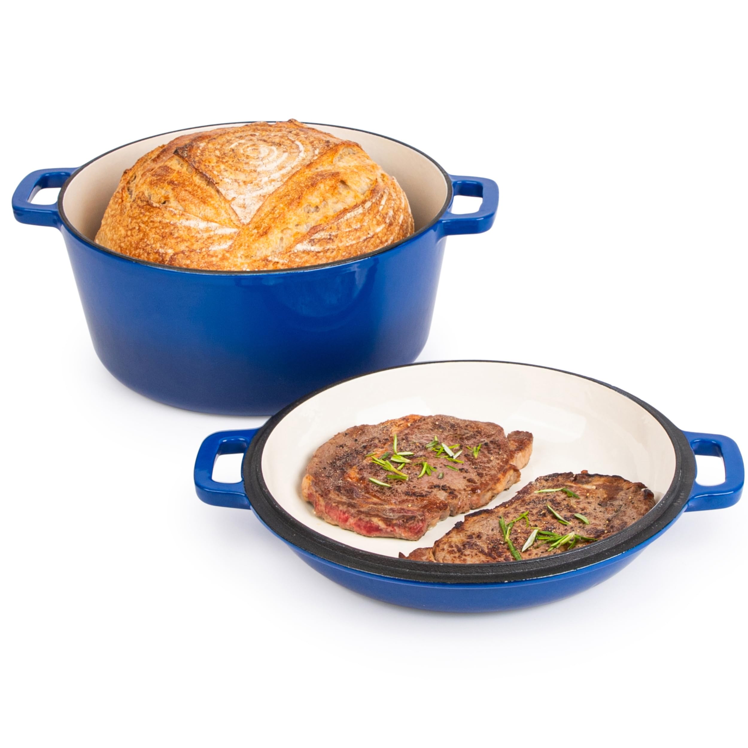 Premium Enameled Cast Iron Dutch Oven with Lid - 5 Quart (26cm) Casserole Pot & Skillet 2-in-1 Cookware Set - Durable Dark Blue Enamel Coating - Perfect for Braising, Stewing, Baking & Camping - by Nuovva