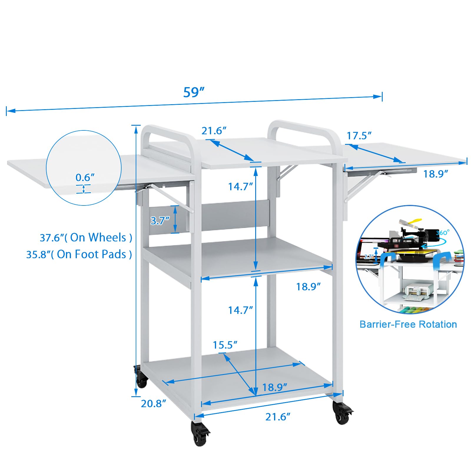 PUNCIA 3-Tier Heavy Duty Rolling Heat Press Table - Foldable Heat Transfer Machine Stand with Metal Shelf Storage for DIY Sublimation & T-Shirt Printing | Perfect for Craft Rooms, Garment Shops & Home Workspaces