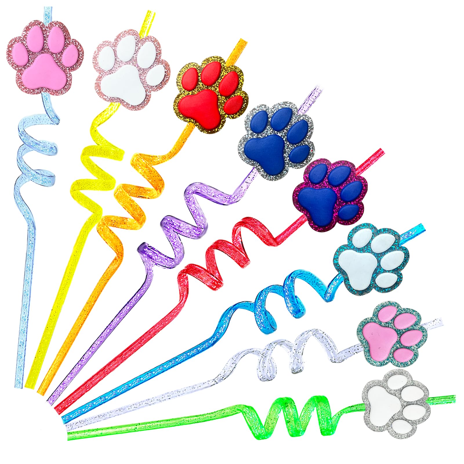 24 Pack Glitter Paw Print Drinking Straws + 2 Cleaning Brushes - Reusable Pet-Themed Straws for Dog Puppy Cat Birthday Parties, Baby Showers & Special Events - Fun Party Decorations & Drinkware Supplies