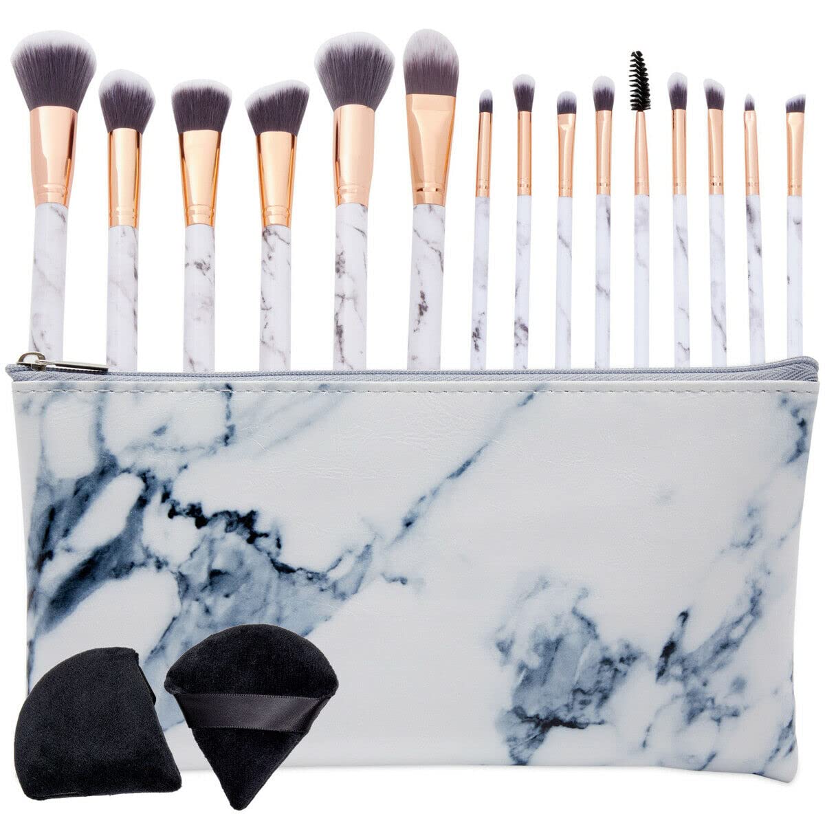Vergenta 18-Piece Marble Makeup Brush Set with Travel Case & Powder Puff - Professional Cosmetic Brush Kit for Foundation, Blending, Contouring - Perfect for Travel, Home & Salon Use