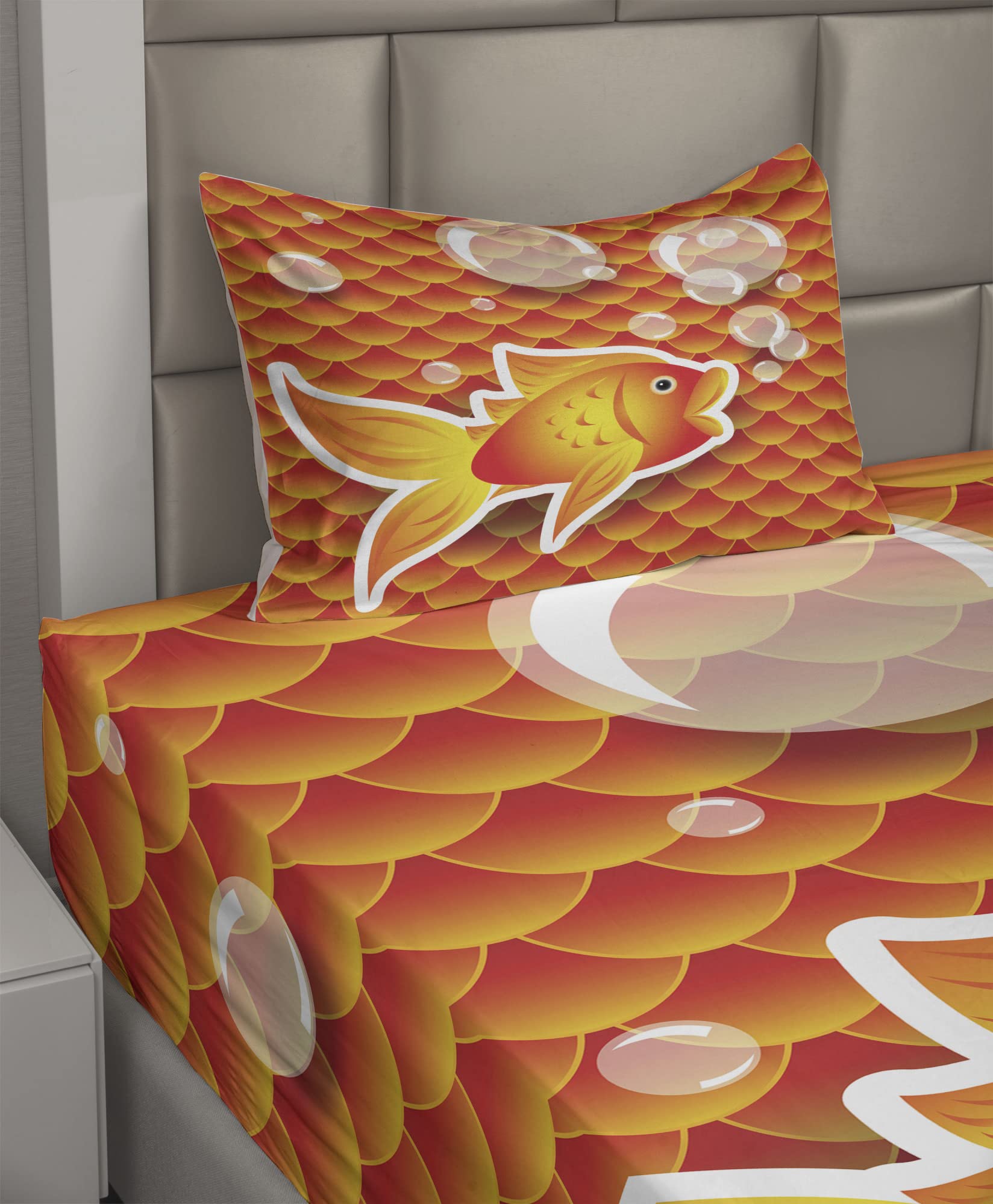 Ambesonne Orange Sheet Set - Small Goldfish & Bubbles Nautical Sea Print 3-Piece Bedding Set (Fitted Sheet, Flat Sheet & Pillowcase) for Twin XL - Burnt Orange | Perfect for Coastal Themed Bedrooms, Guest Rooms & Kids' Rooms