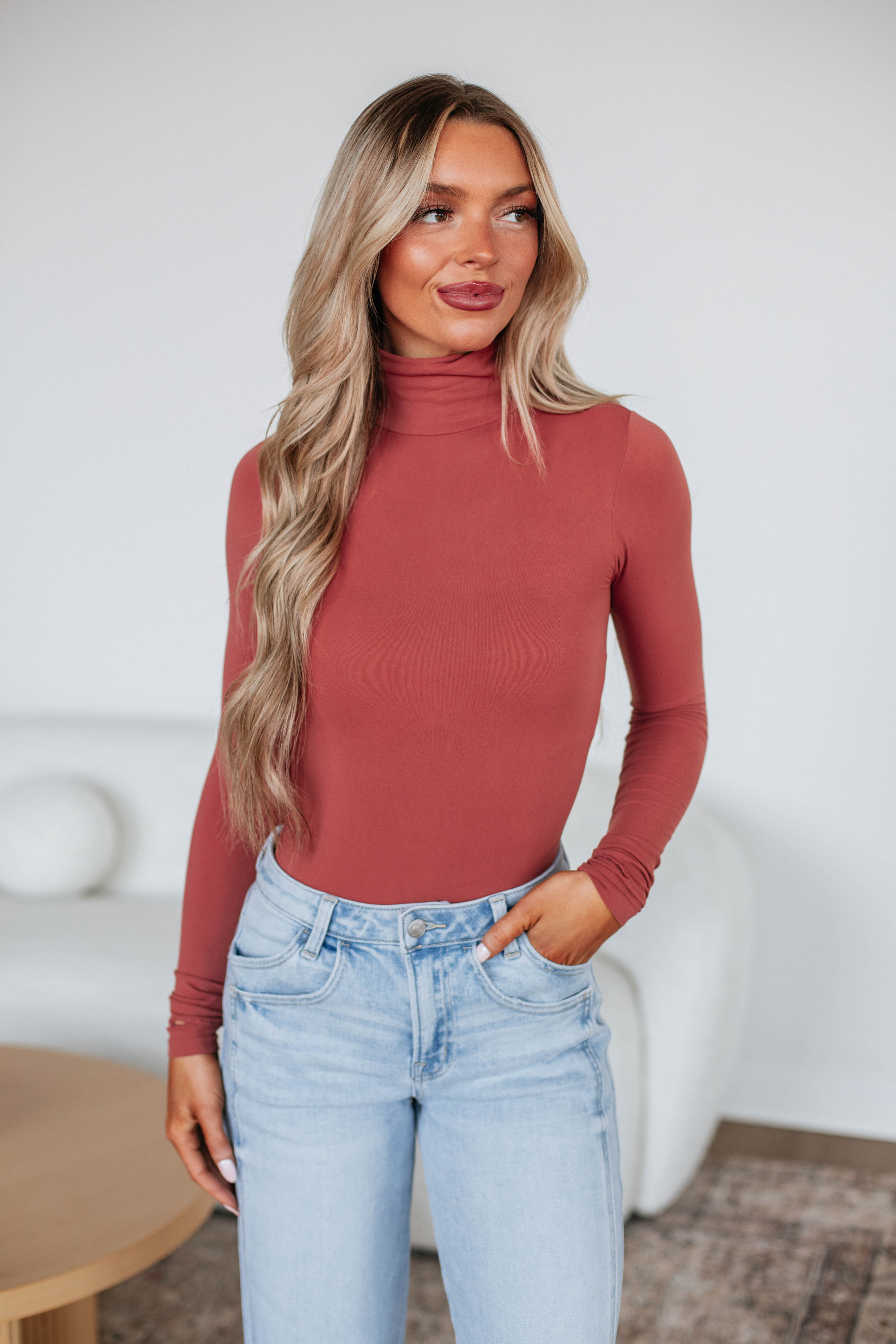 Holly Turtle Neck Bodysuit for Women - Soft Stretch Brick Red Bodysuit - Perfect for Layering, Office Wear & Fall Fashion