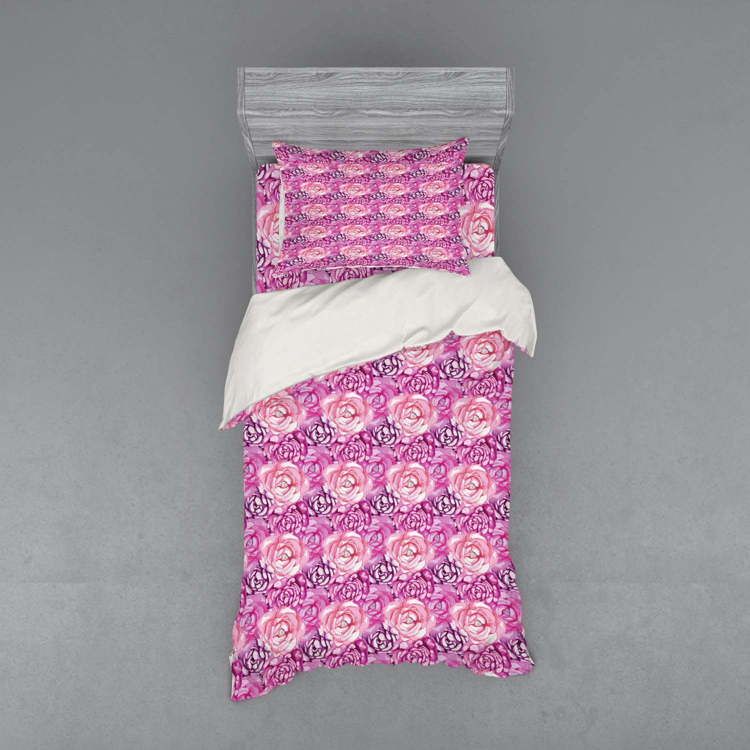 Ambesonne Floral Duvet Cover Set - Vintage Rose Bloom Petals Design, 3-Piece Bedding Set with Sham & Fitted Sheet, Twin Size in Rose Fuchsia Magenta | Perfect for Romantic Bedroom Decor, Summer Home Refresh & Boho Chic Style