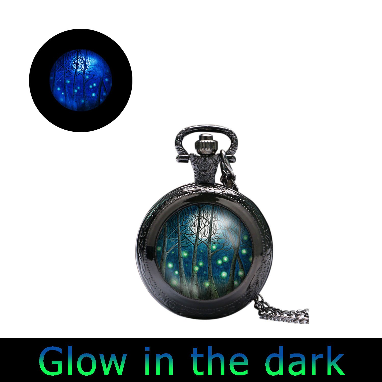 Glowlala Glowing Fireflies Fine Art Watch Pendant Necklace - Moonlit Forest Design with Birch Trees, Glow in The Dark Fireflies & Full Moon - Perfect for Evening Events, Romantic Dates, and Nature-Inspired Jewelry Lovers