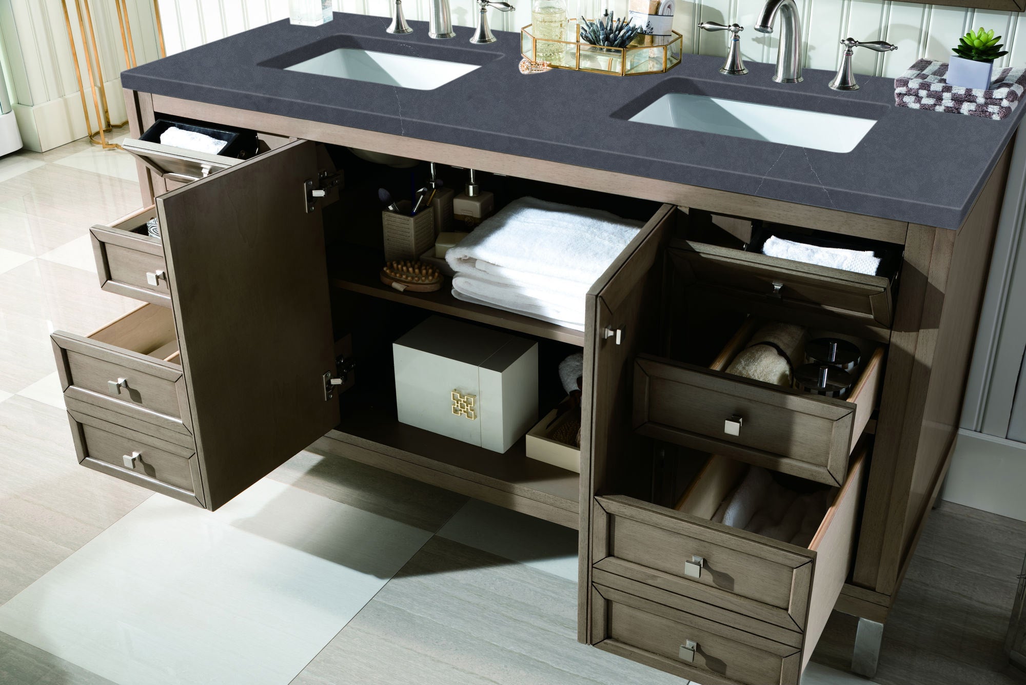Chicago 60-Inch Double Vanity with Whitewashed Walnut Base & 3CM Charcoal Soapstone Quartz Countertop - Perfect for Modern Bathroom Renovation & Luxury Home Upgrade
