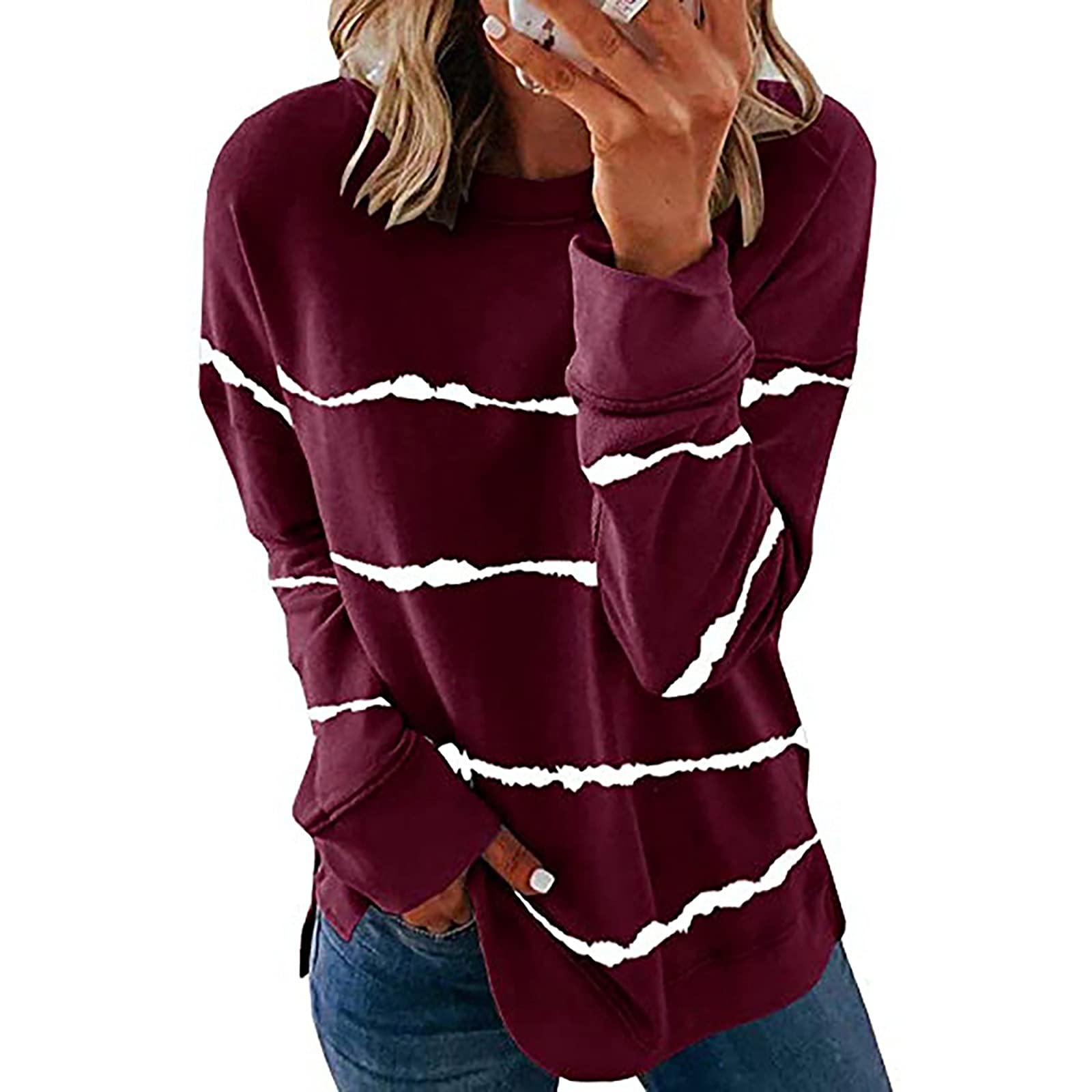 ZEFOTIM Women's Spring Tops 2023 - Trendy Contrast Color Striped Long Sleeve Tunic Blouse, Loose O-Neck Tee Shirt for Casual Wear, Office & Date Night Outfits