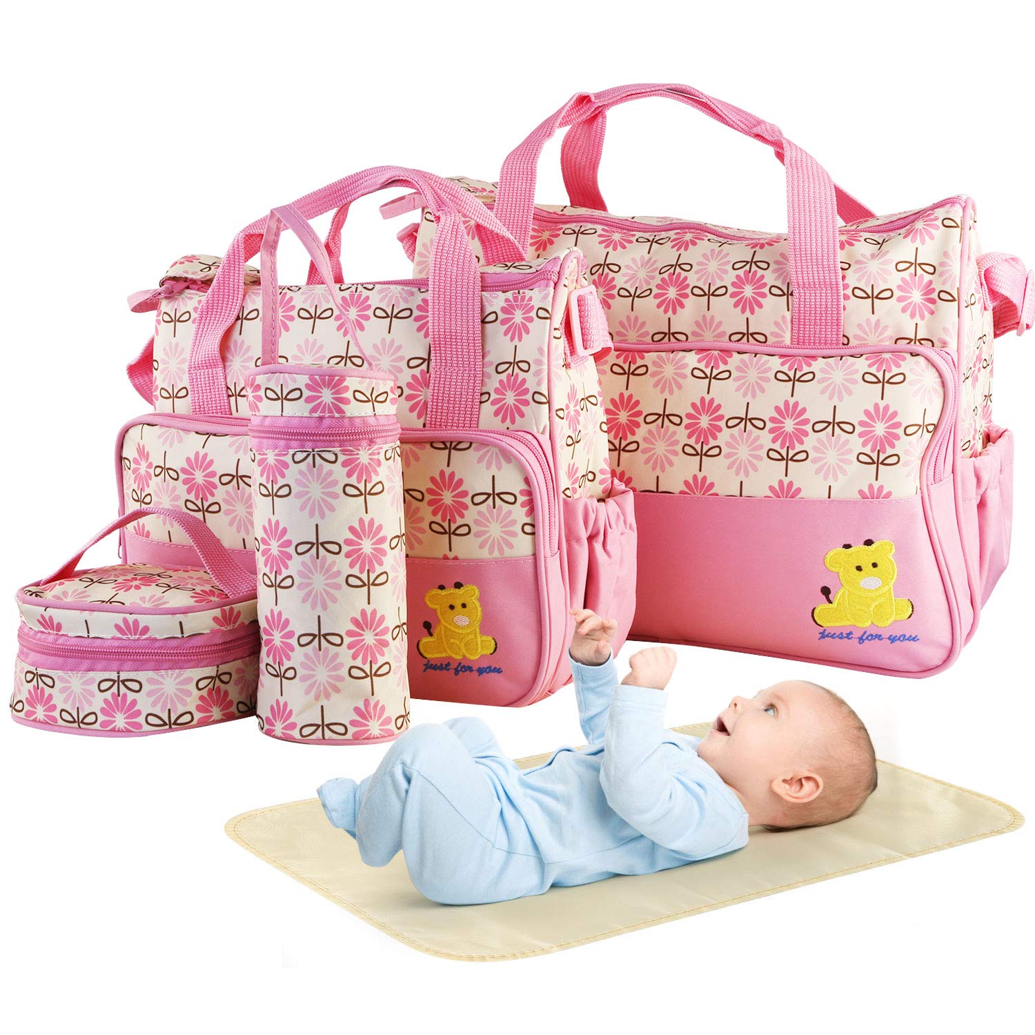 5PCS Waterproof Diaper Bag Set for Baby Essentials – Large Maternity Tote with Bottle Holder, Food Pouch & Changing Pad for Moms (Pink) | Perfect for Travel, Daycare & On-the-Go Parenting