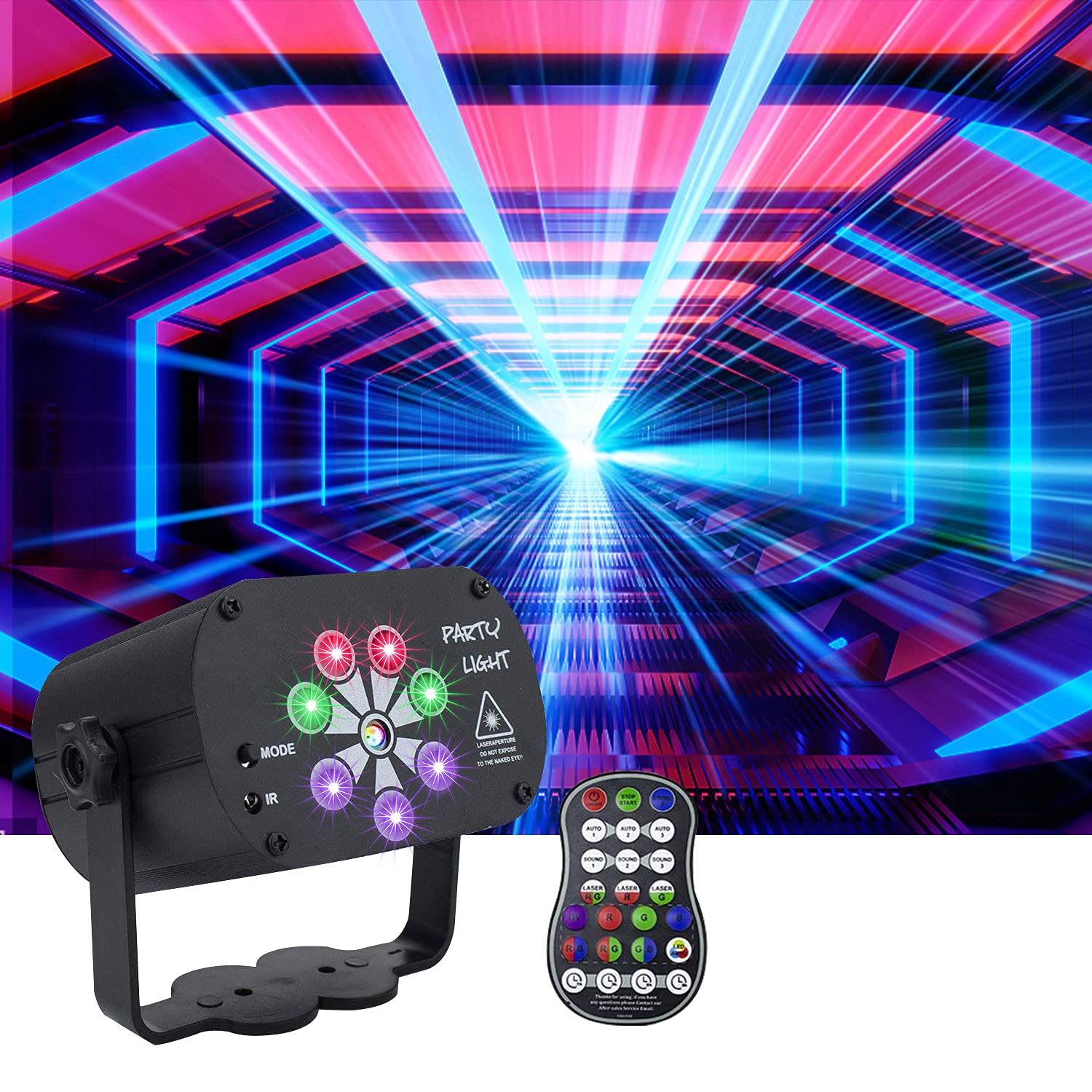 AMKI Sound Activated DJ Disco Light - 120 RGB Patterns, USB Powered 8-Eye Stage Projector with Remote & Timer for Karaoke, Xmas, KTV, Bar & Home Parties | Perfect for Nightclubs, Dance Floors & Holiday Decorations