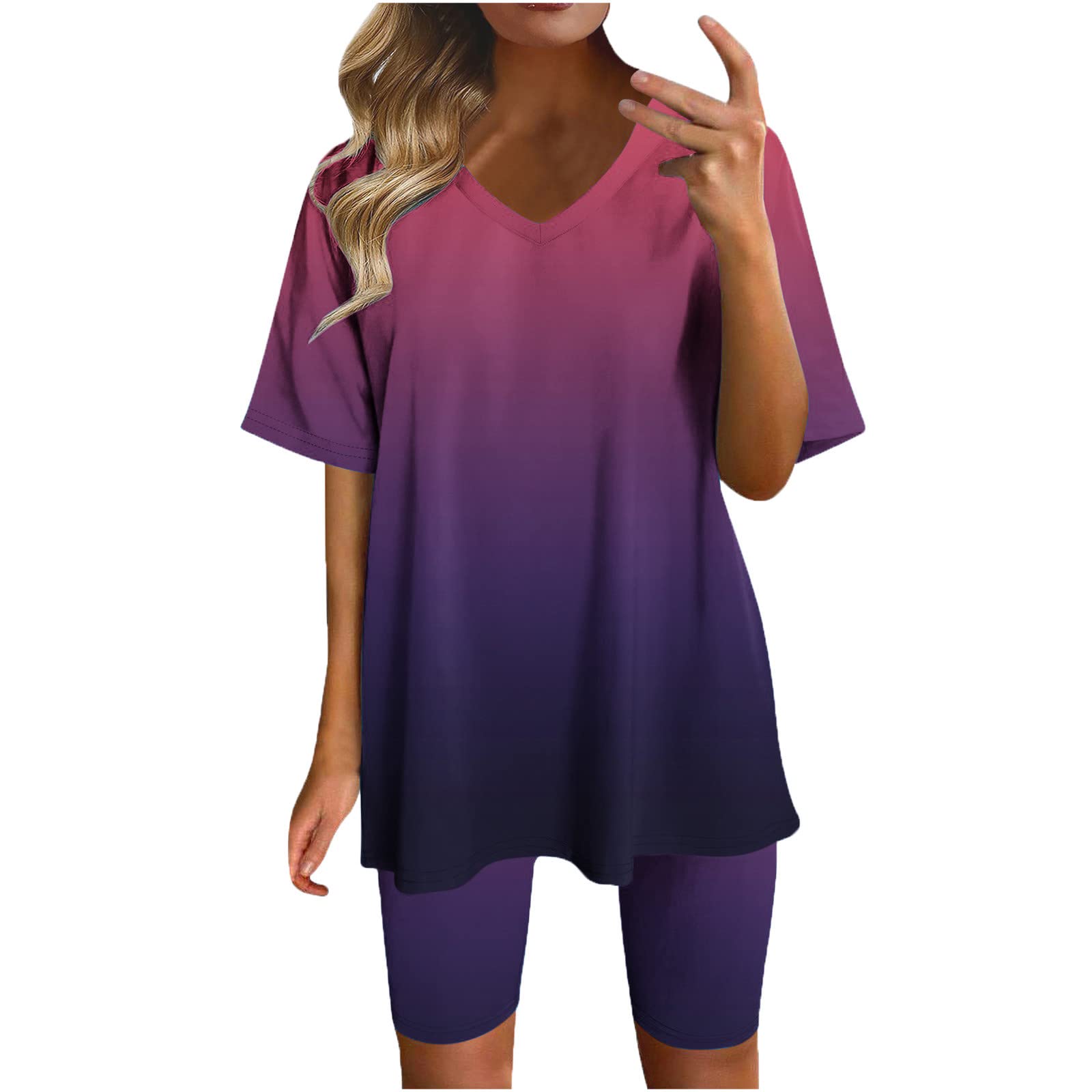 Women's 2 Piece Workout Sets - Oversized V Neck T-Shirt & Biker Shorts Summer Sports Outfit | Gym, Yoga, Running & Casual Wear