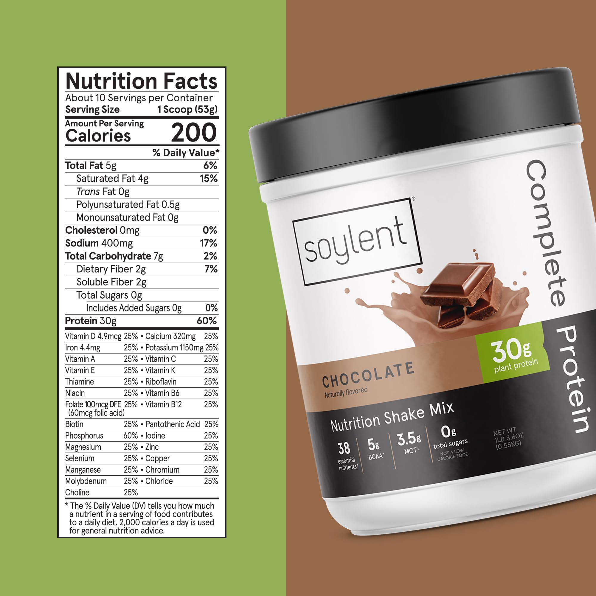 Soylent Chocolate Complete Protein Powder - 30g Protein Shake for Muscle Growth & Recovery with BCAAs, DHA, MCT, 28 Vitamins & Minerals | Zero Sugar, Gluten Free, Vegan (1.25lb) | Perfect for Post-Workout, Meal Replacement & Weight Management