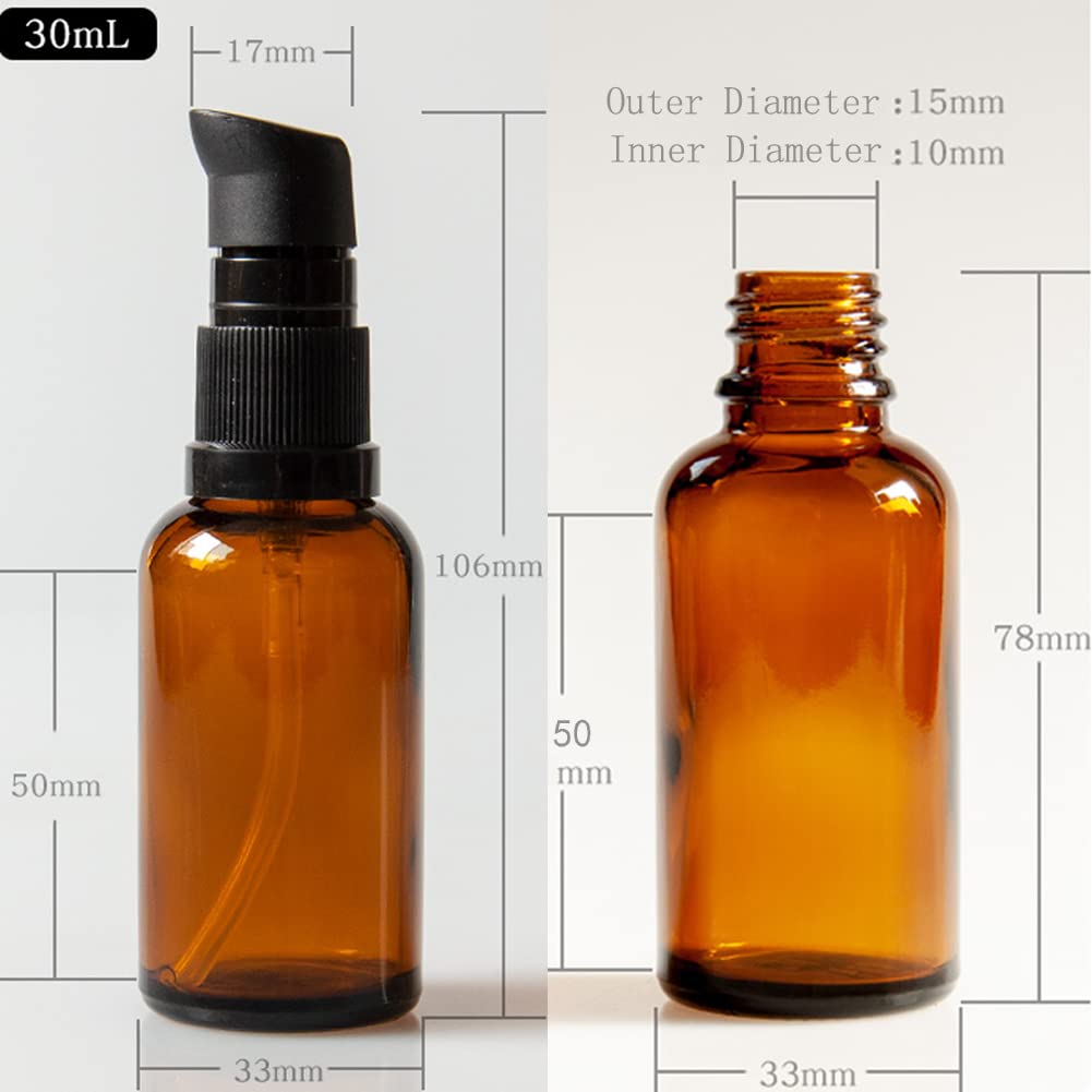 6-Pack 30ml Amber Glass Travel Bottles - Refillable Leak-Proof Toiletry Containers with Pump Dispenser for Shampoo, Lotion & Cosmetics | TSA Approved Mini Liquid Bottles for Air Travel, Gym & Vacation Essentials