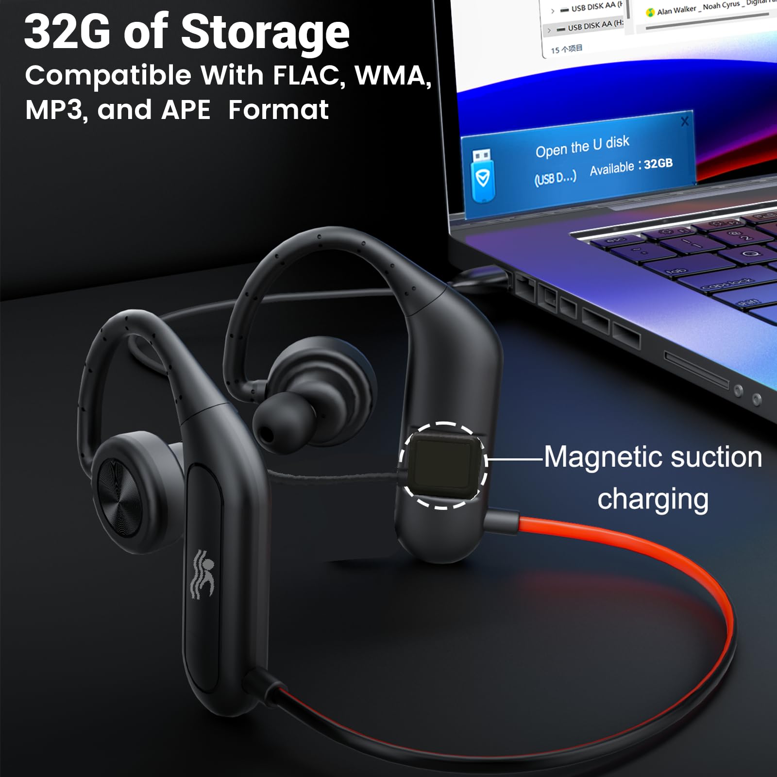 IPX8 Waterproof Bluetooth 5.4 Earbuds for Swimming - 32GB MP3 Player, 18H Playtime, Built-in Mic - Wireless in-Ear Headphones for Pool, Surfing & Water Sports (Black)