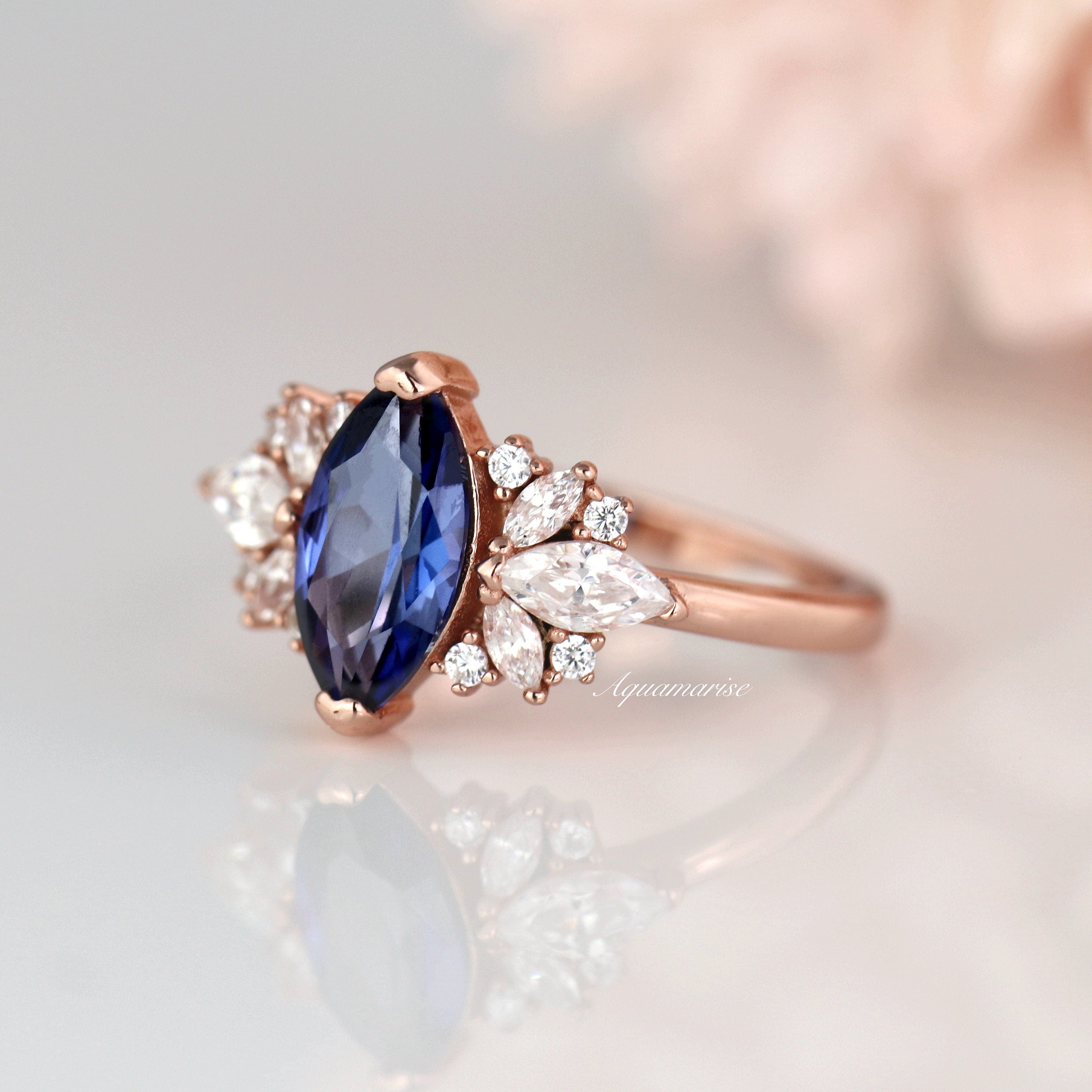 Exquisite 14K Rose Gold Vermeil Marquise Sapphire Ring | Ceylon Gemstone Jewelry for Women | Perfect for Engagement, Anniversary & Special Occasions