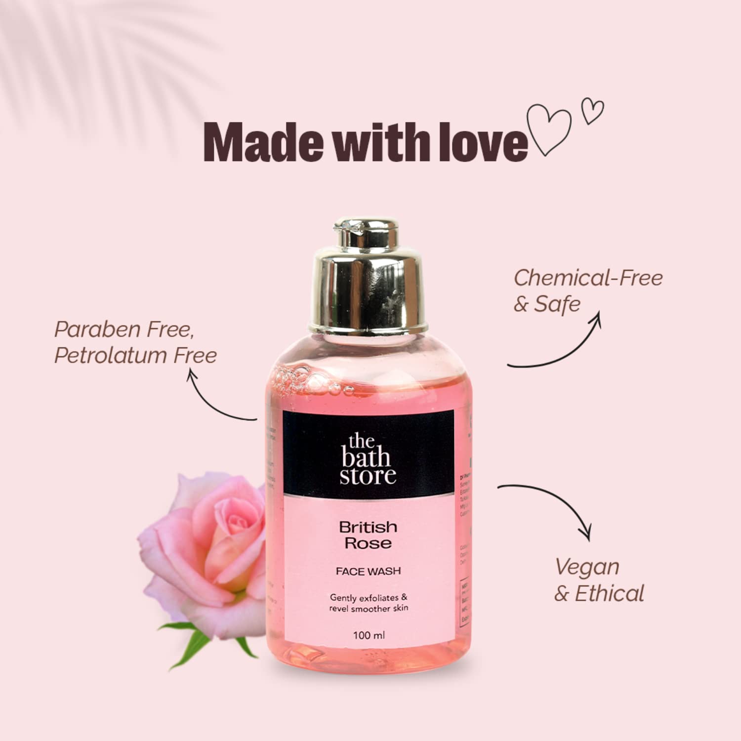 The Bath Store British Rose Face Wash for Women & Men - Gentle Cleanser for Dry, Oily & Acne-Prone Skin | Brightening & Tan Removal Facial Wash for Glowing Skin | 100ml | Perfect for Daily Skincare Routine & Travel