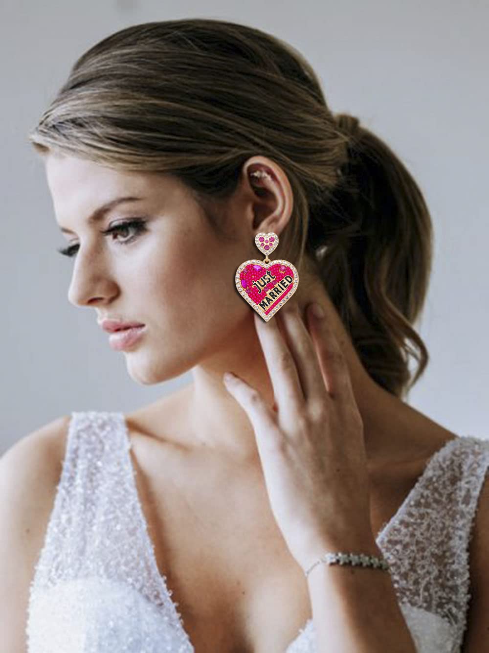 Elegant Rhinestone Heart-Shaped Bridal Earrings for Women – Princess Wedding Dangle Earrings, Just Married Statement Jewelry, Perfect Bride Gift for Wedding & Special Occasions