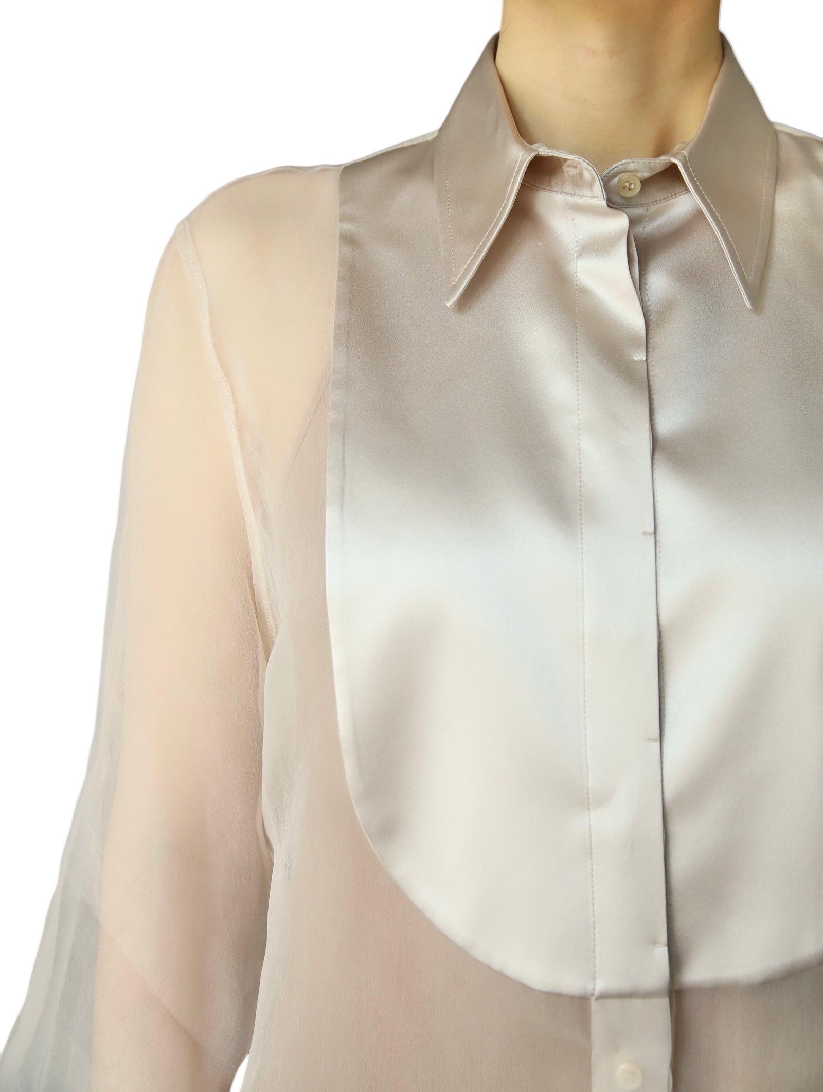 Brunello Cucinelli Beige Sheer Silk Tuxedo Shirt for Men Size M - Elegant Formal Wear for Weddings & Evening Events